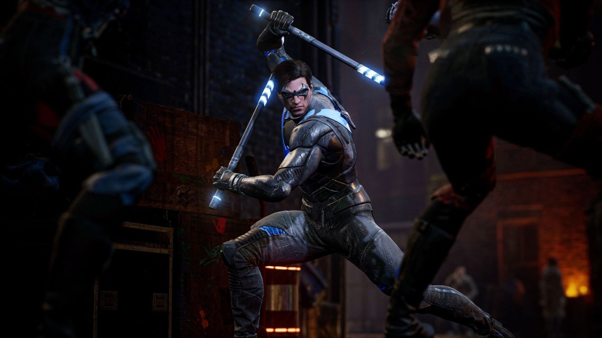 Gotham Knights (Game): Nightwing, Equipped with his iconic escrima sticks. 1920x1080 Full HD Background.