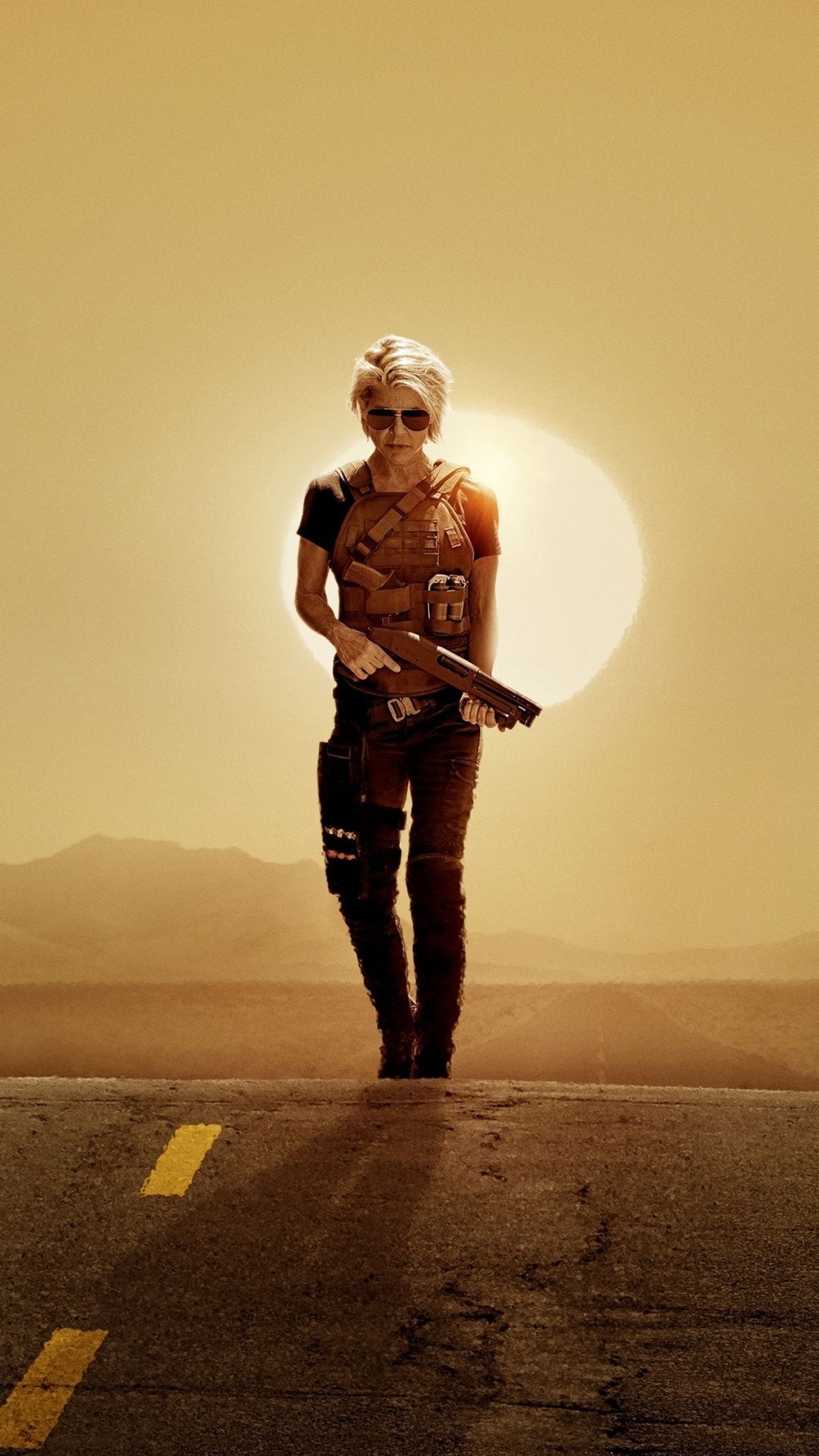 Linda Hamilton as Sarah Connor, Dark Fate movie poster, Terminator movie series, Resilient heroine, 1080x1920 Full HD Phone