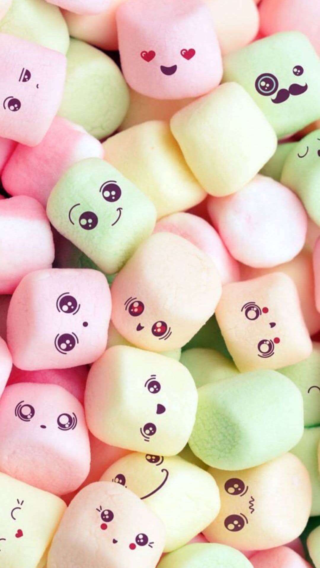Girly: Sweet multicolored marshmallows, Smiling faces, Bright candy. 1080x1920 Full HD Background.