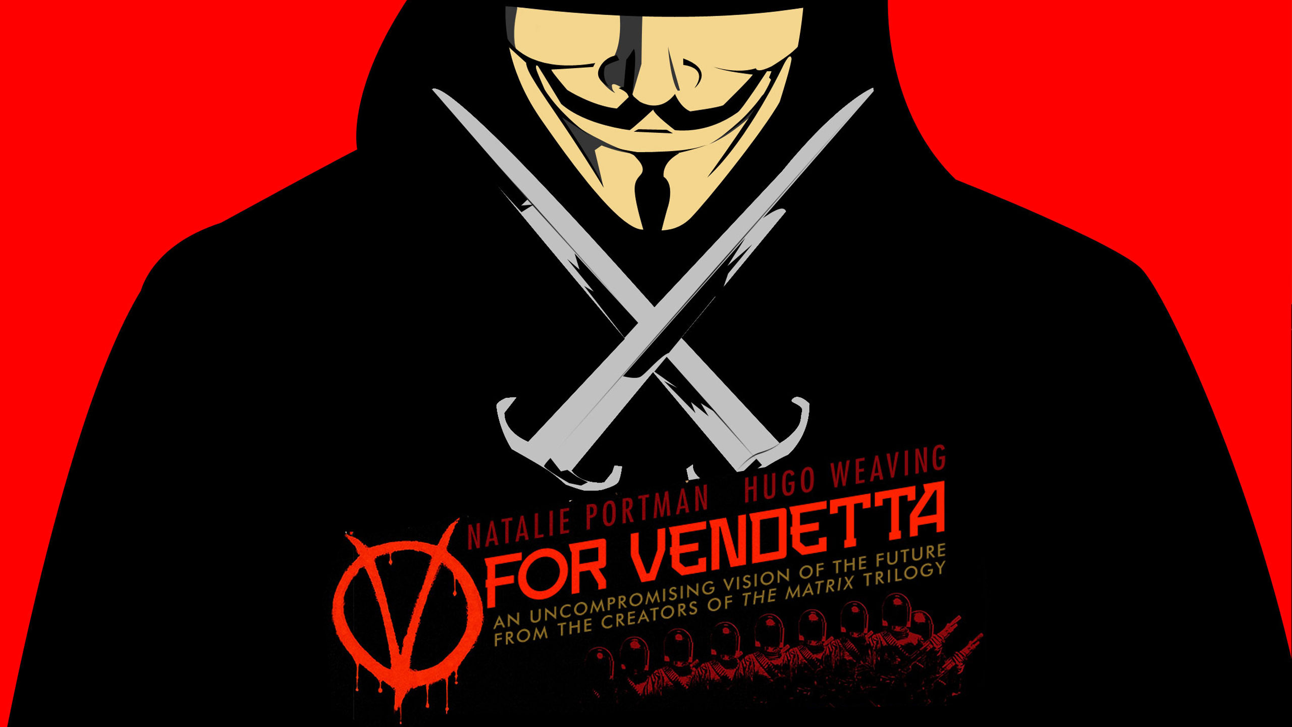 V for Vendetta: Hugo Weaving, A masked, charismatic and skilled anarchist terrorist. 2560x1440 HD Background.
