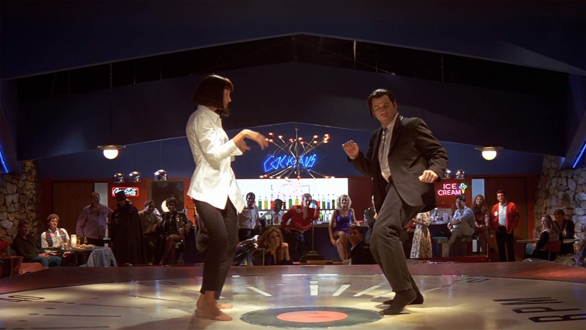 Twist Dance: 25th Anniversary of Pulp Fiction, John Travolta, Uma Thurman, Dance contest. 1920x1080 Full HD Wallpaper.