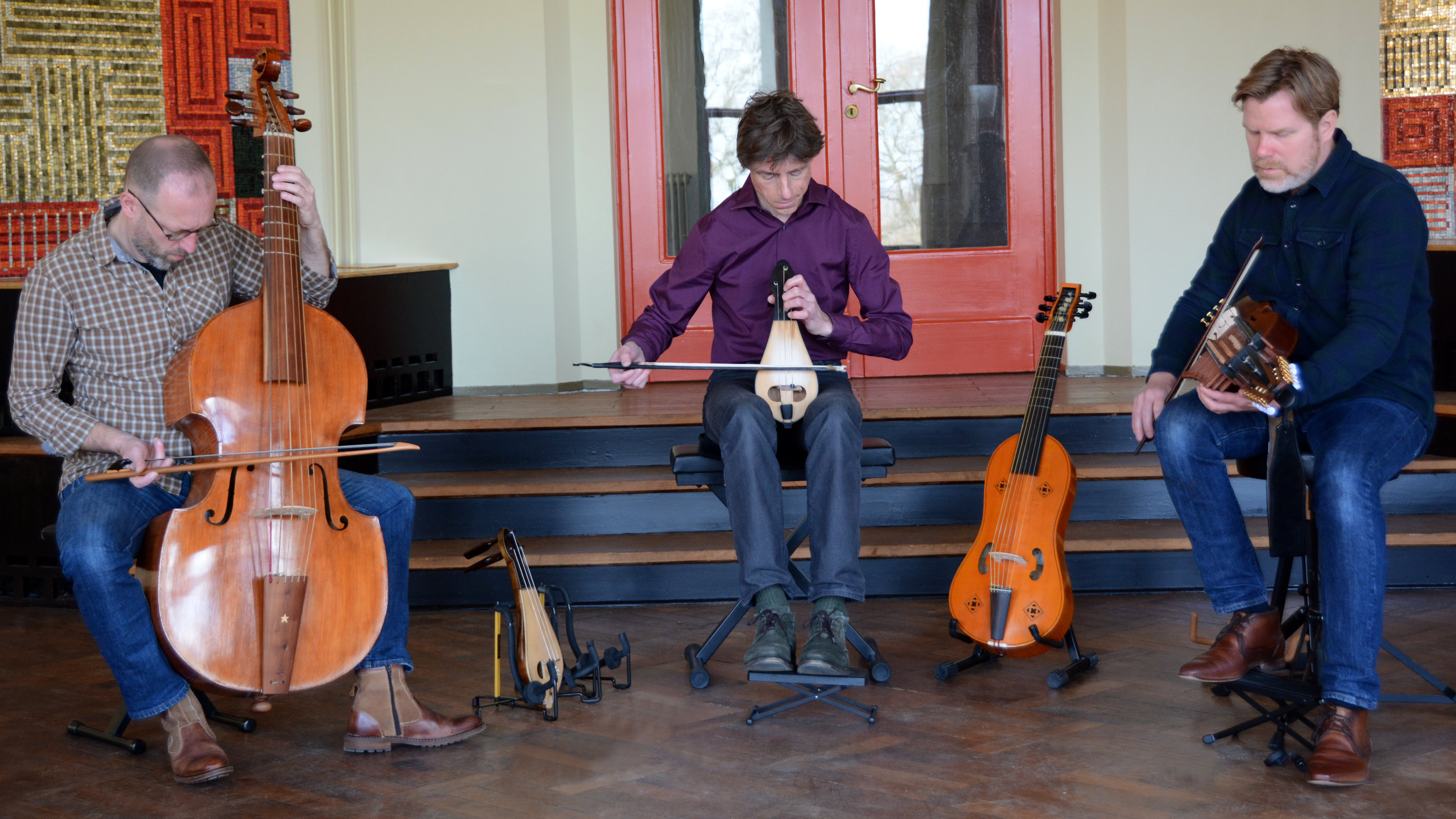 Viola da Gamba: Family Of Bowed, Fretted, And Stringed Instruments, Band Rehearsal. 3840x2160 4K Background.