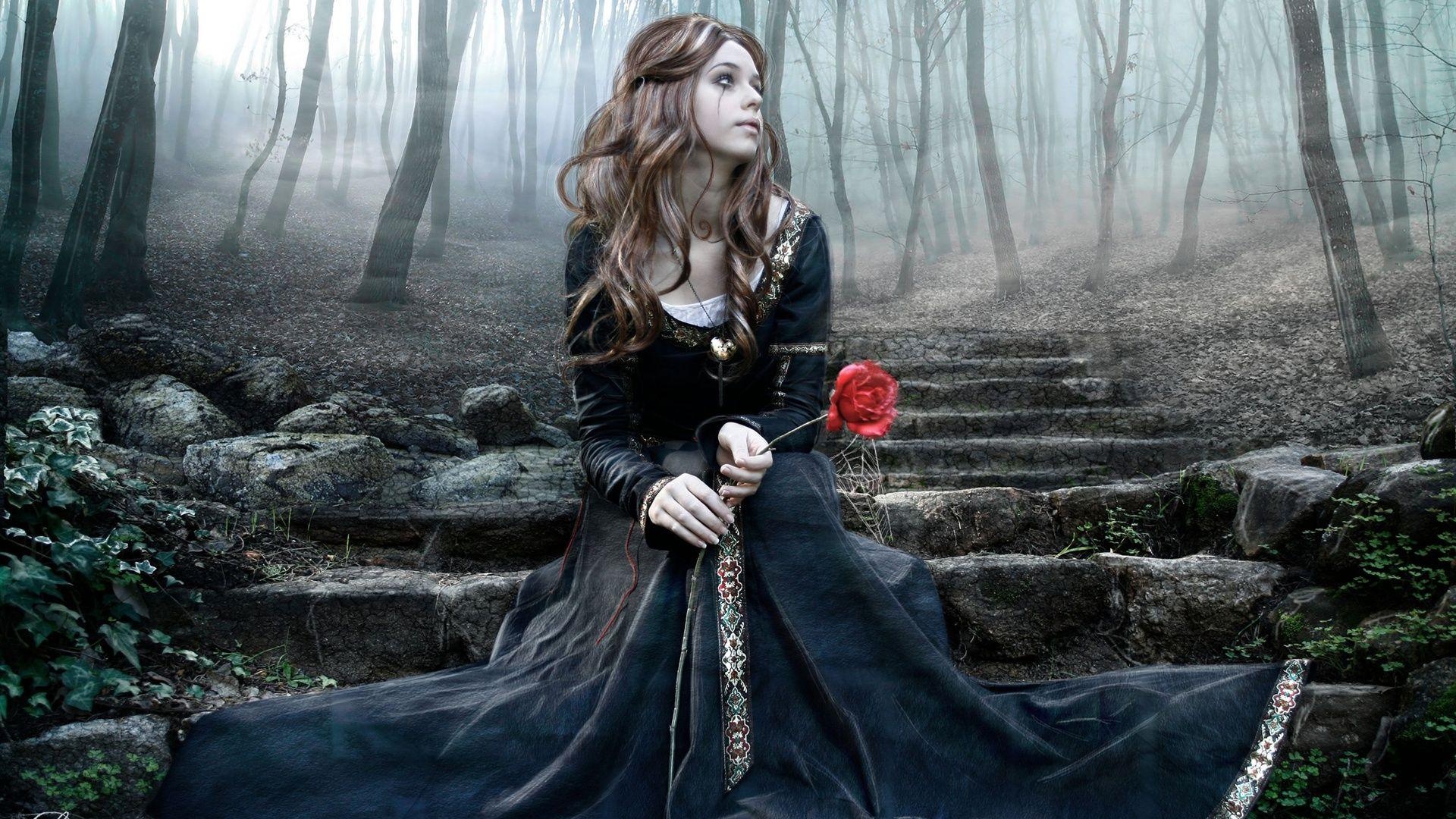 Goth Girl: Sad gothic princess, Fantasy style, Fantasy forest, Magic world, Middle Ages. 1920x1080 Full HD Wallpaper.