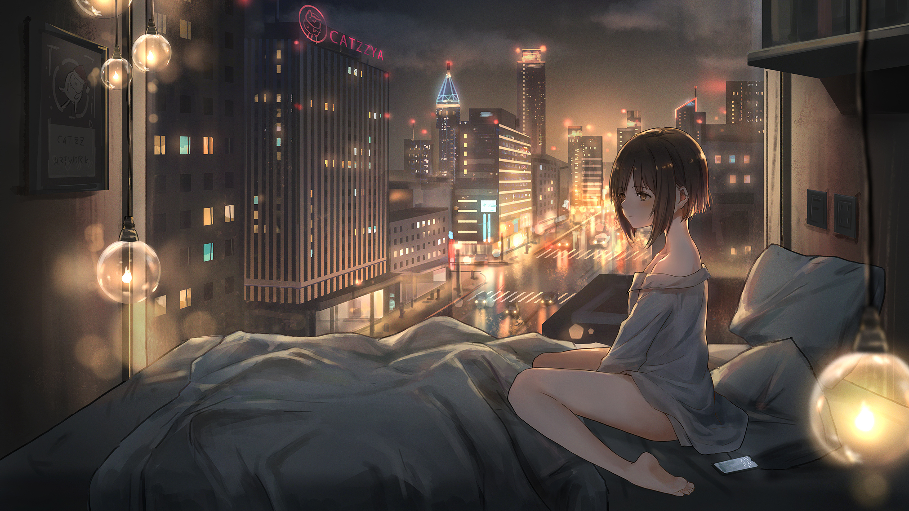 Anime Girl: City Lights, Aesthetic, Manga. 3840x2160 4K Wallpaper.