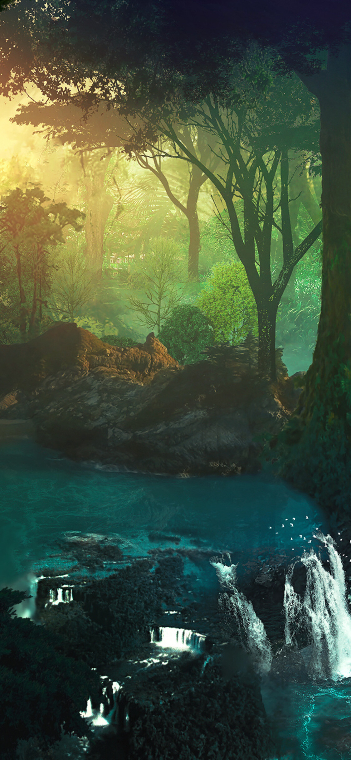 Jungle: Lake, Tropics, Rainforest, Wilderness, Woodlands. 1130x2440 HD Background.
