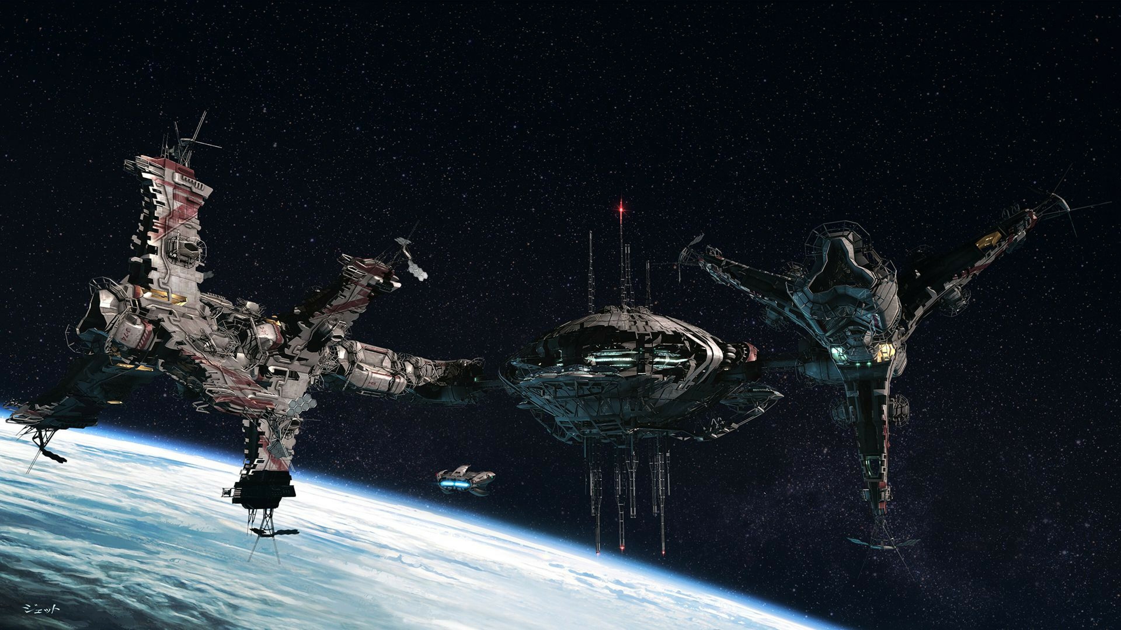 Space Station: Sci-Fi, A type of space habitat, An artificial satellite, Galaxy. 3840x2160 4K Wallpaper.
