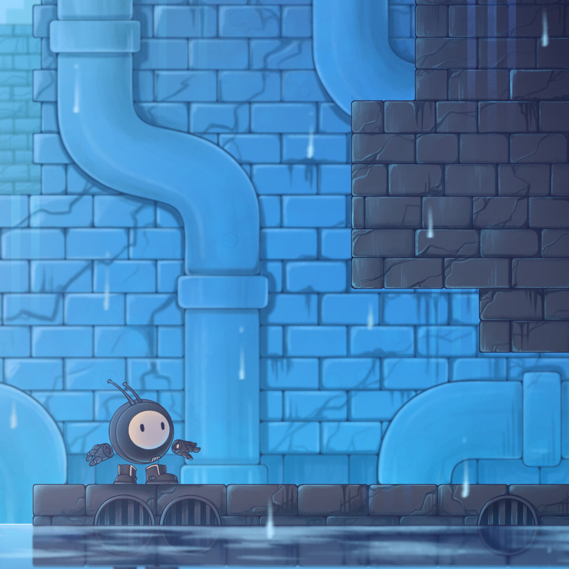 Haiku, the Robot: Entering water-level catacombs, Creativity of designers, Game developers, Drawing. 1920x1920 HD Background.