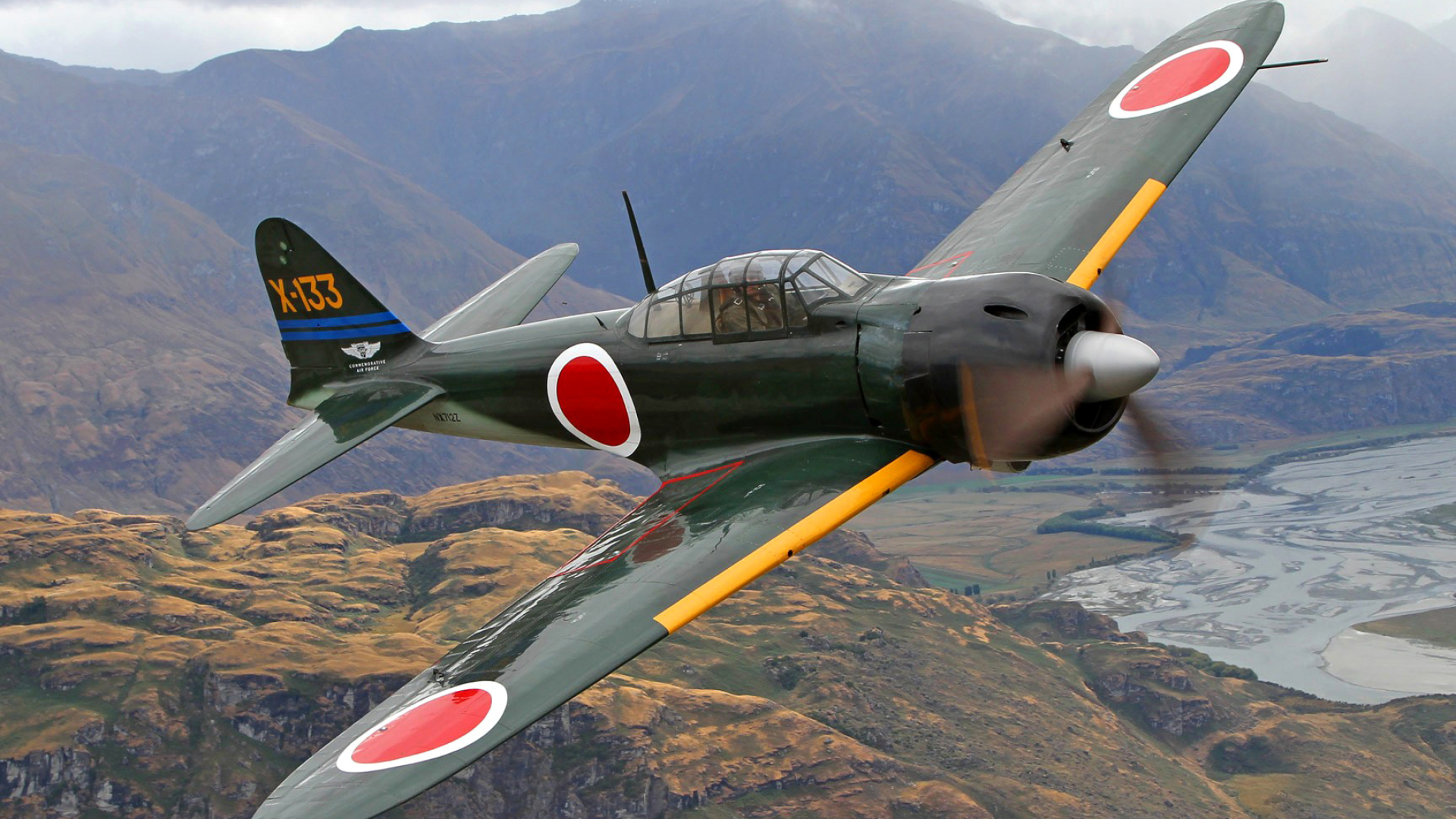 Mitsubishi A6M Zero, Flying above hills, WWII fighter, Beautiful wallpaper, 1920x1080 Full HD Desktop