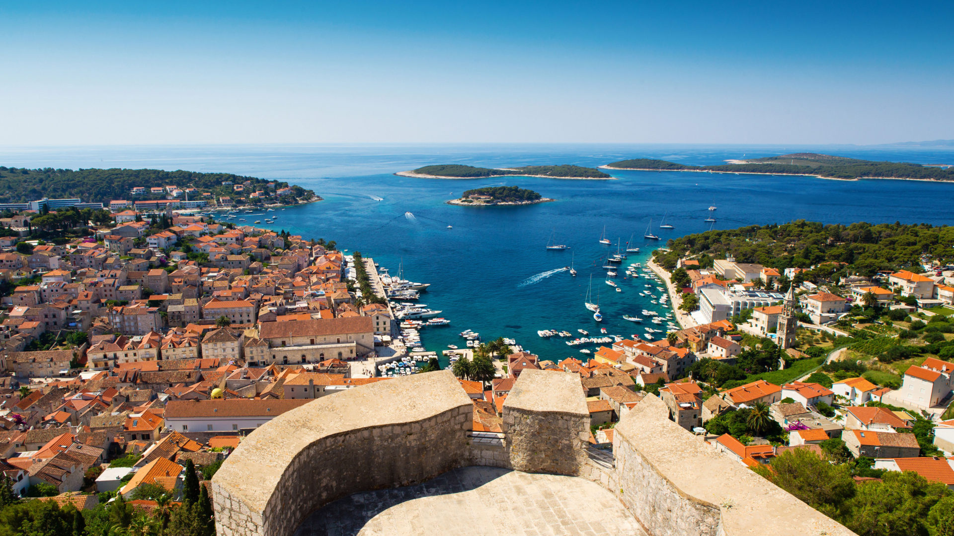 Croatia: Beautiful view of old harbor in Hvar town, Part of Split-Dalmatia County. 1920x1080 Full HD Wallpaper.