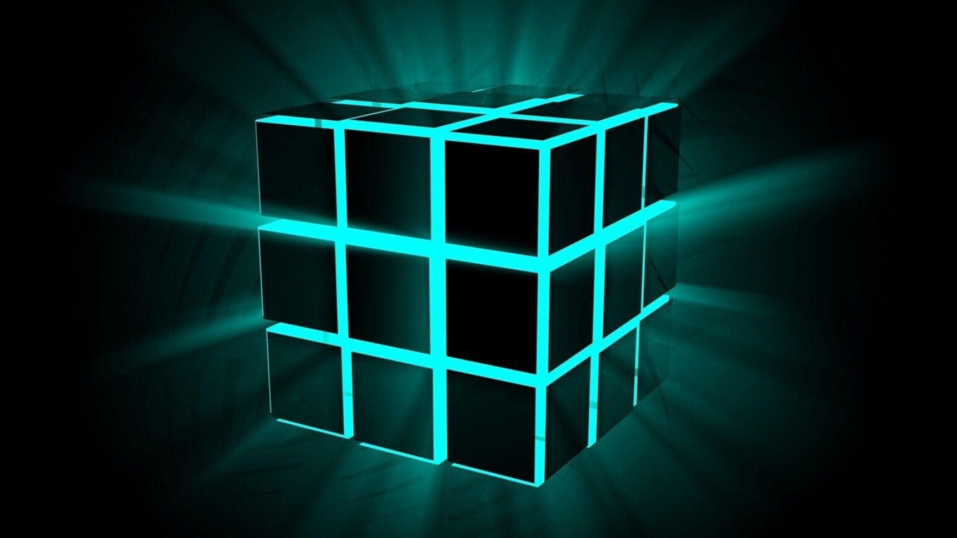 Glow in the Dark: Neon rectangles, Fluorescent symmetry pattern, Rubik's Cube. 1920x1080 Full HD Background.