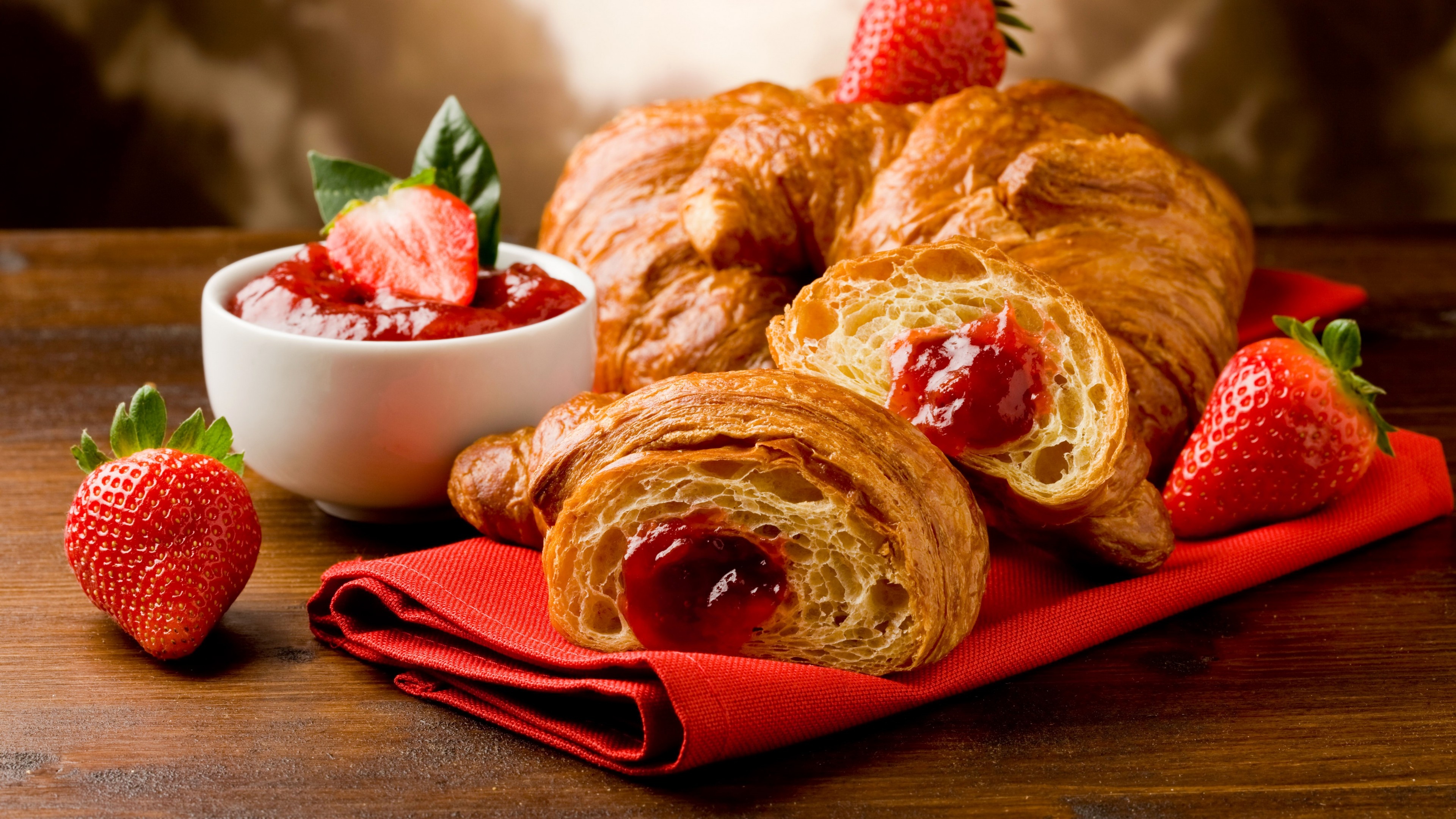Croissant: Strawberry jam, Food, Named for the historical crescent shape. 3840x2160 4K Wallpaper.