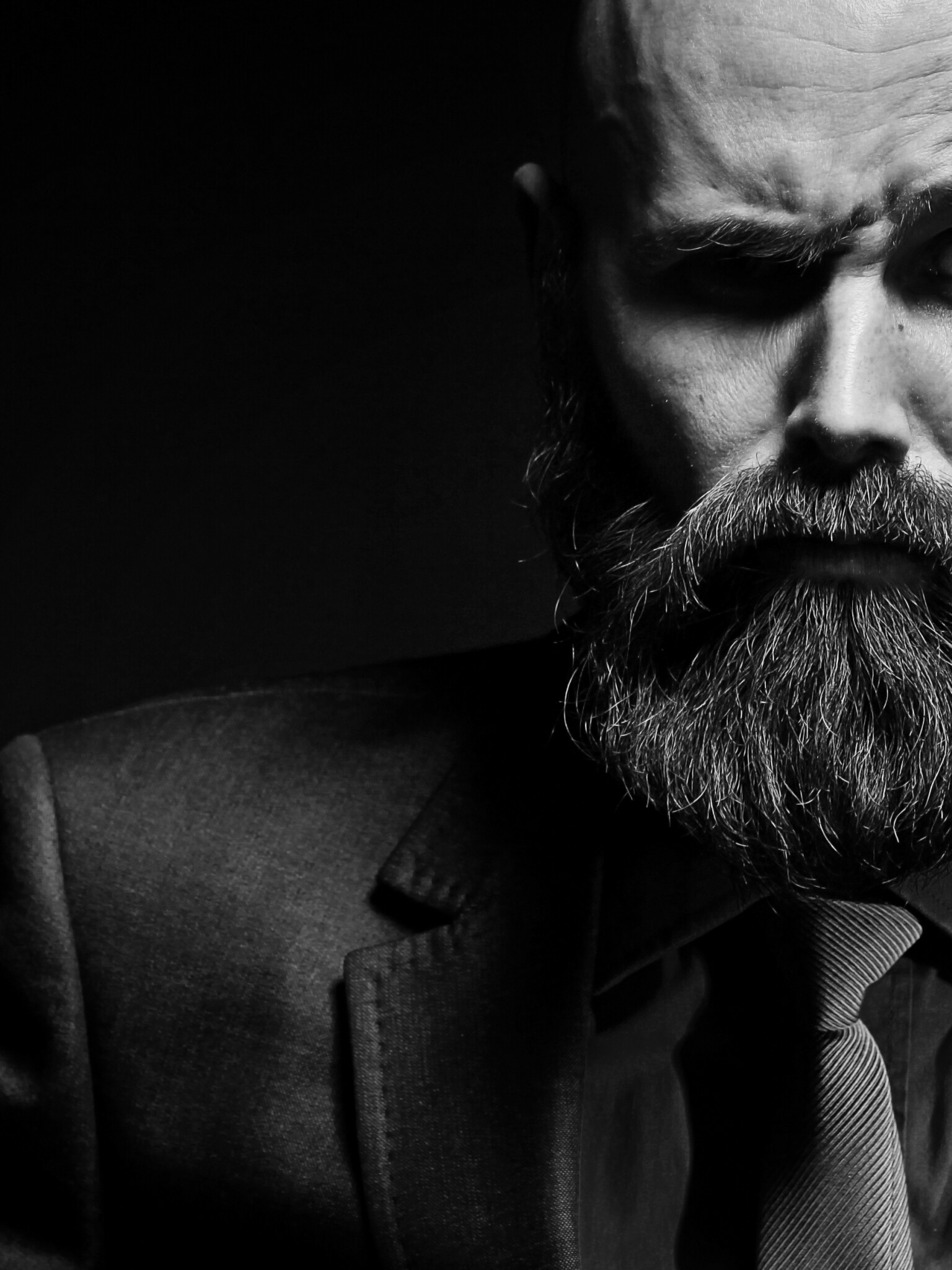 Gentleman: The modern rowdy, Classic suit with tie, Beard, Black and white. 1540x2050 HD Background.
