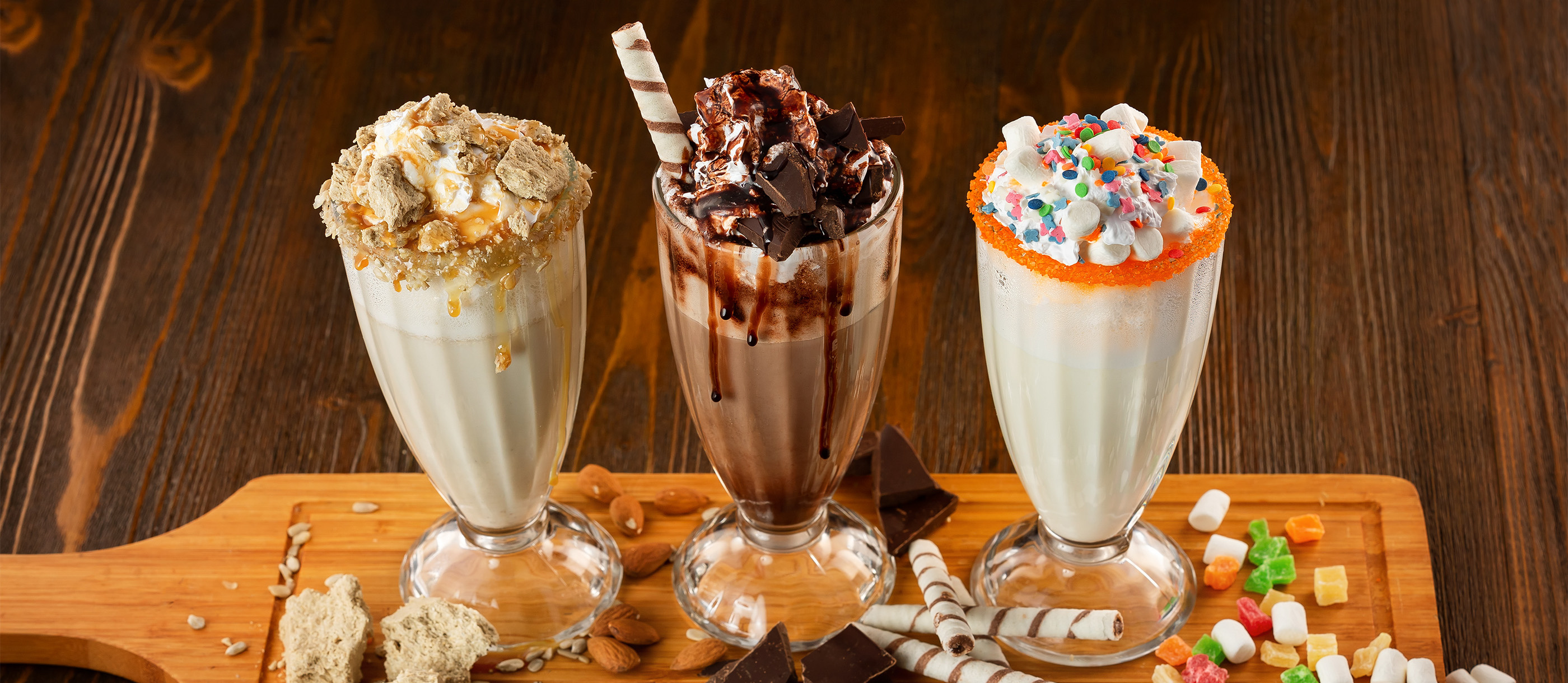 Milkshake: A glass of blended ice cream, milk, and mix-ins or flavorings. 2800x1220 Dual Screen Wallpaper.