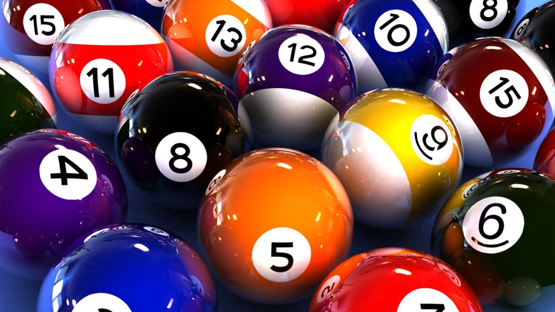 Cue Sports: Billiard balls, Small but hard and numbered balls used in carom billiards, pool, and snooker. 1920x1080 Full HD Wallpaper.
