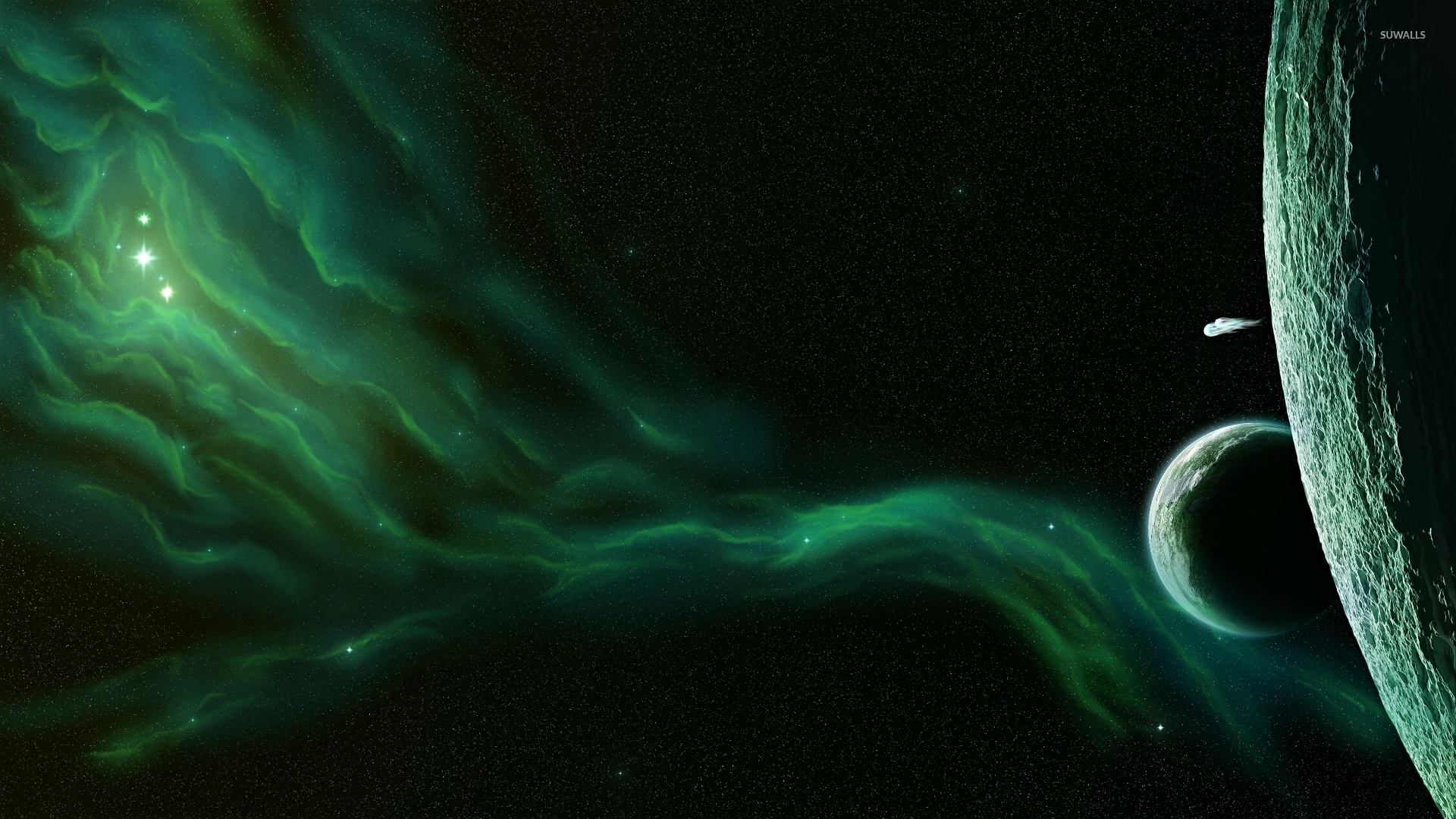Green Nebula: Giant planets, Comet in deep space, Star formation. 1920x1080 Full HD Wallpaper.