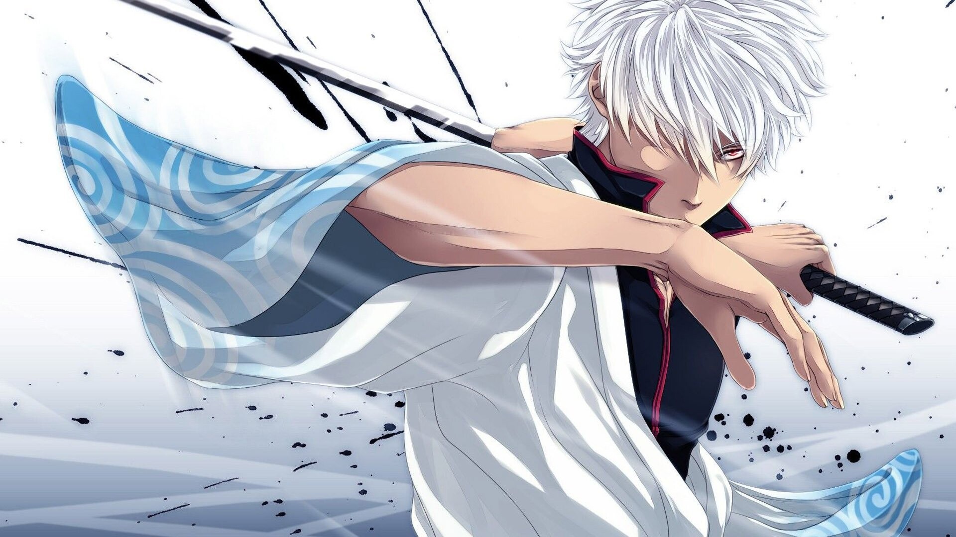 Gintama (TV Series): Gintoki's bordeaux-colored “dead fish eyes”, nearly always half-lidded, Sarcastic and unattached. 1920x1080 Full HD Background.