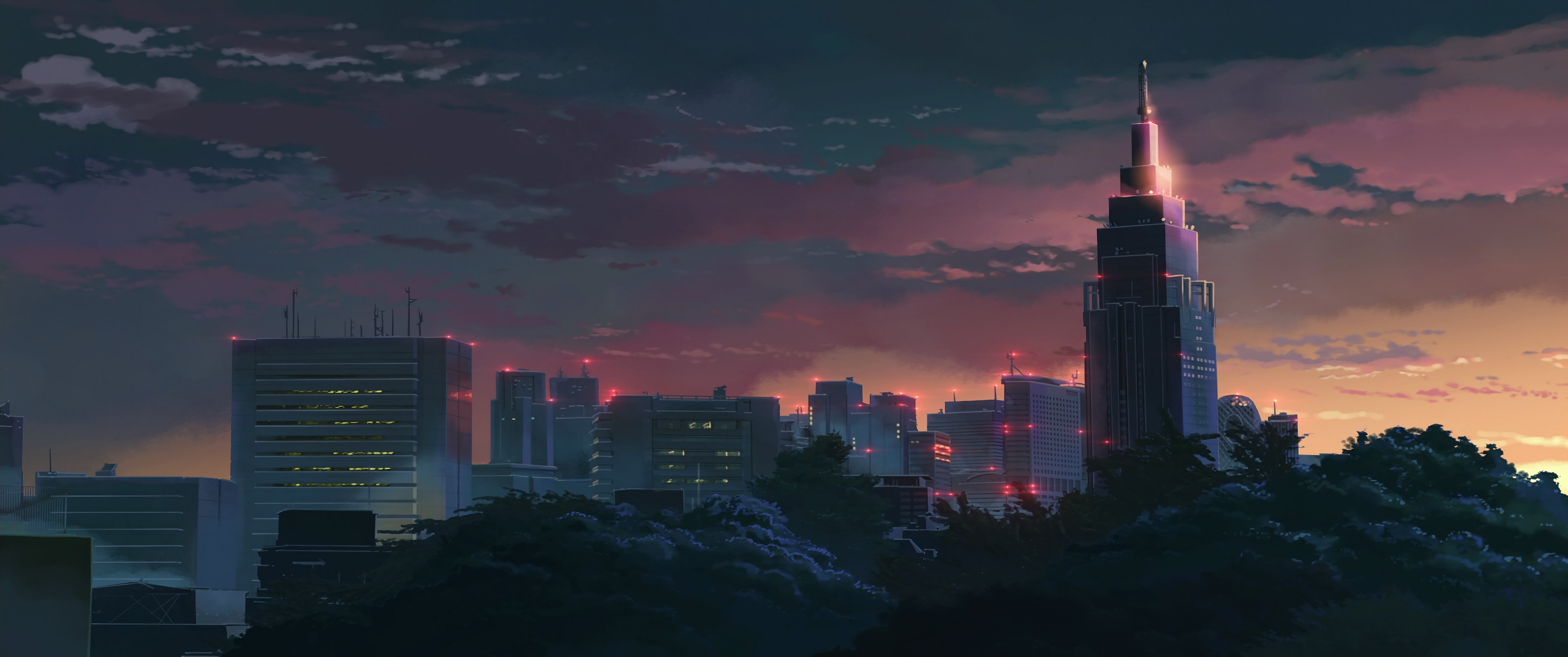 Makoto Shinkai Anime, The Garden of Words, Shinjuku Japan, Digital Art, 3440x1440 Dual Screen Desktop