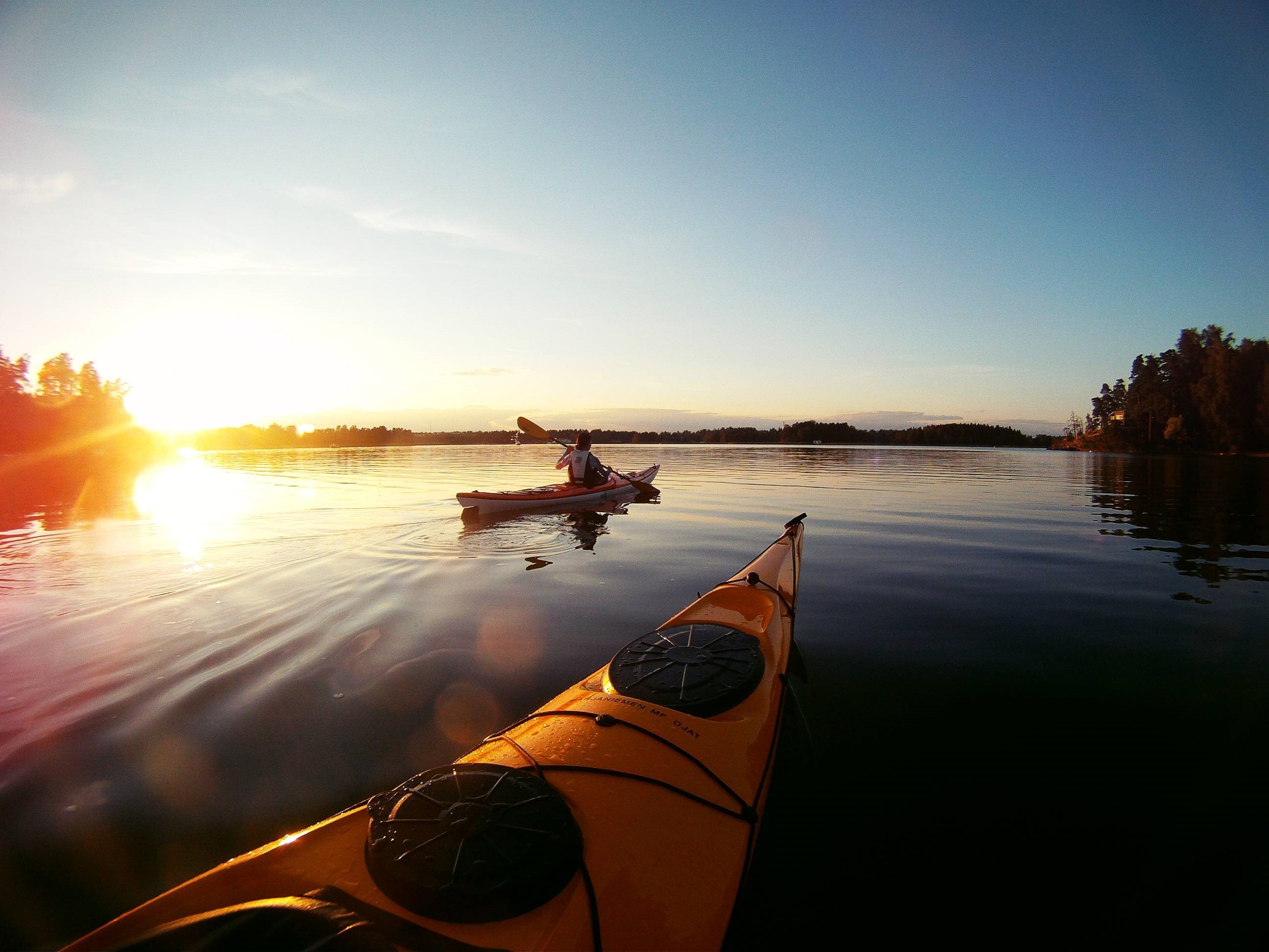 Canoeing: Kayaking in Finland, Recreational outdoor activity and active sport. 2600x1950 HD Background.