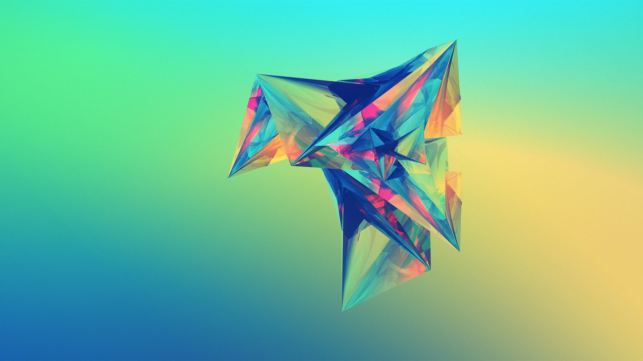Geometric Abstract: Three-dimensional shapes, Multicolored triangles, Acute angles. 2560x1440 HD Background.