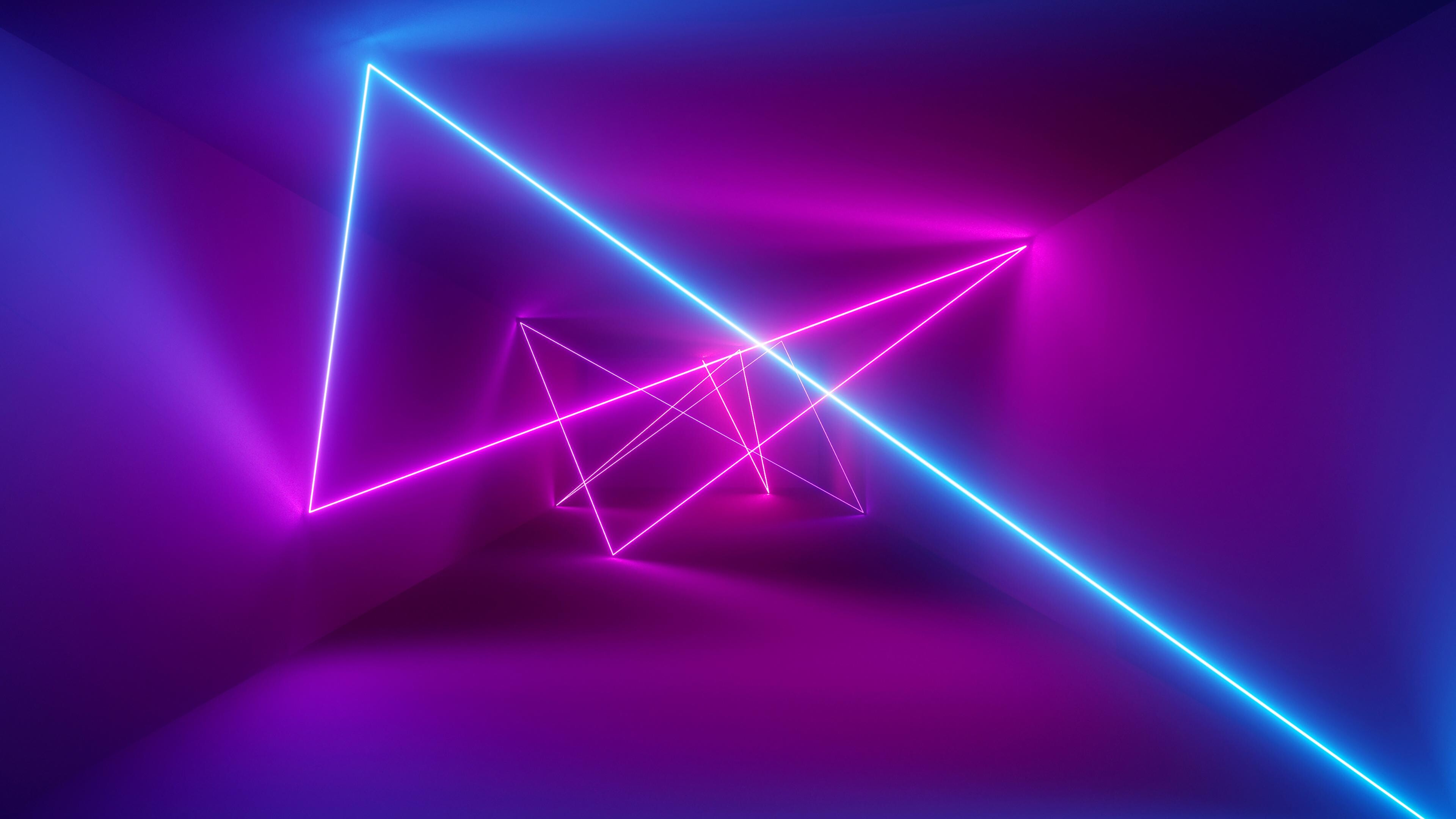 Triangle: Neon line segments, Acute angles, Rectangular prism. 3840x2160 4K Wallpaper.
