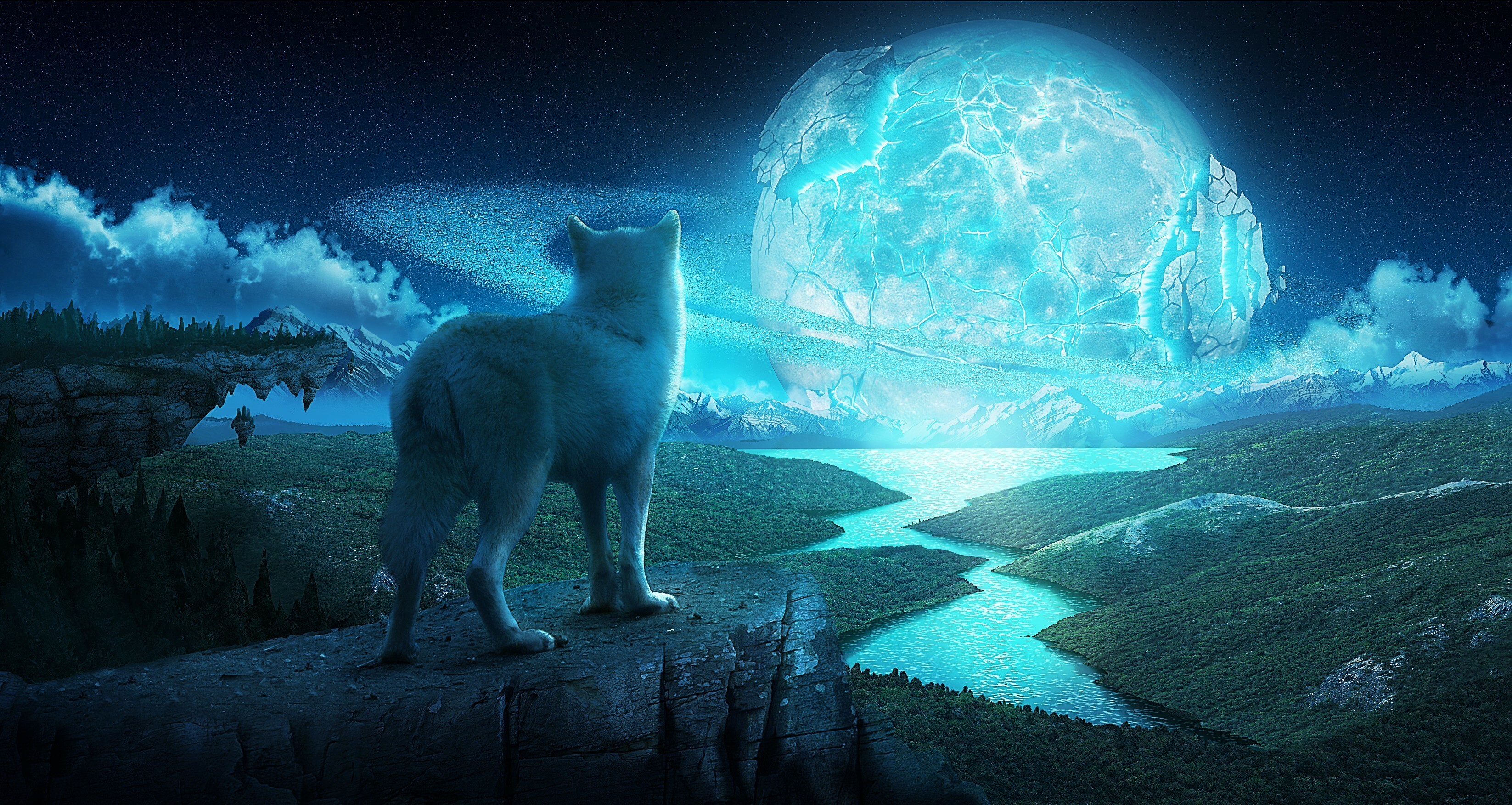 Wolf: Fantasy art, Carnivore, Atmospheric phenomenon. 3300x1760 HD Background.