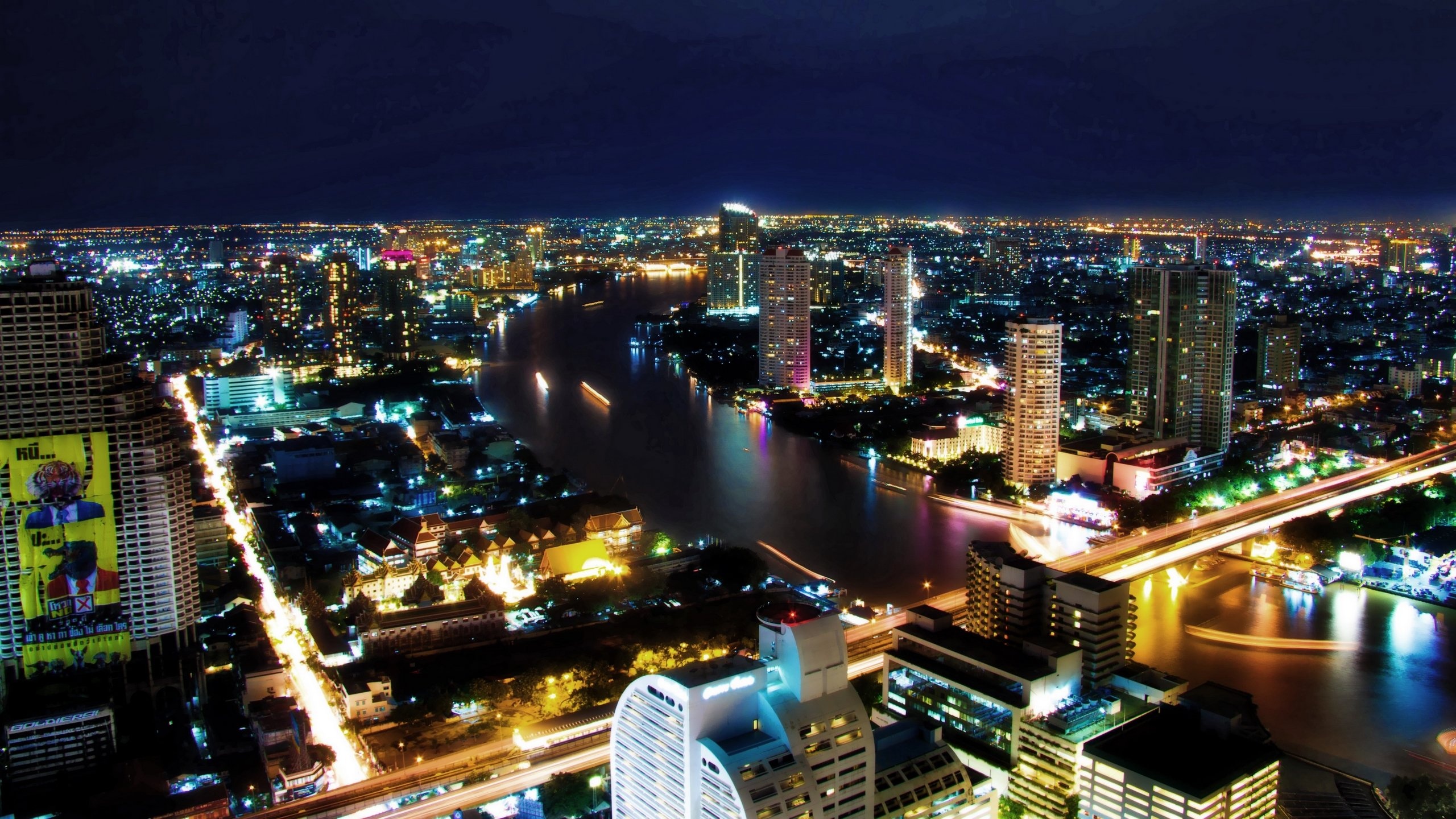 Bangkok: River, Chao Phraya, Skyscrapers, Lights, The capital of Thailand. 2560x1440 HD Background.