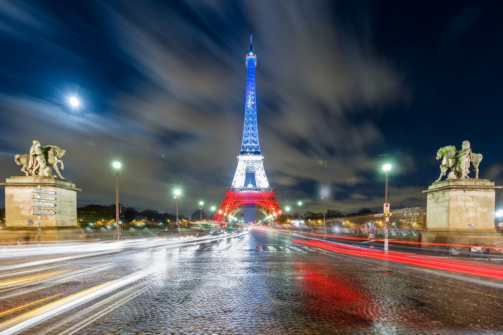 France: Eiffel Tower in colors of the French Flag, Paris. 1920x1280 HD Background.