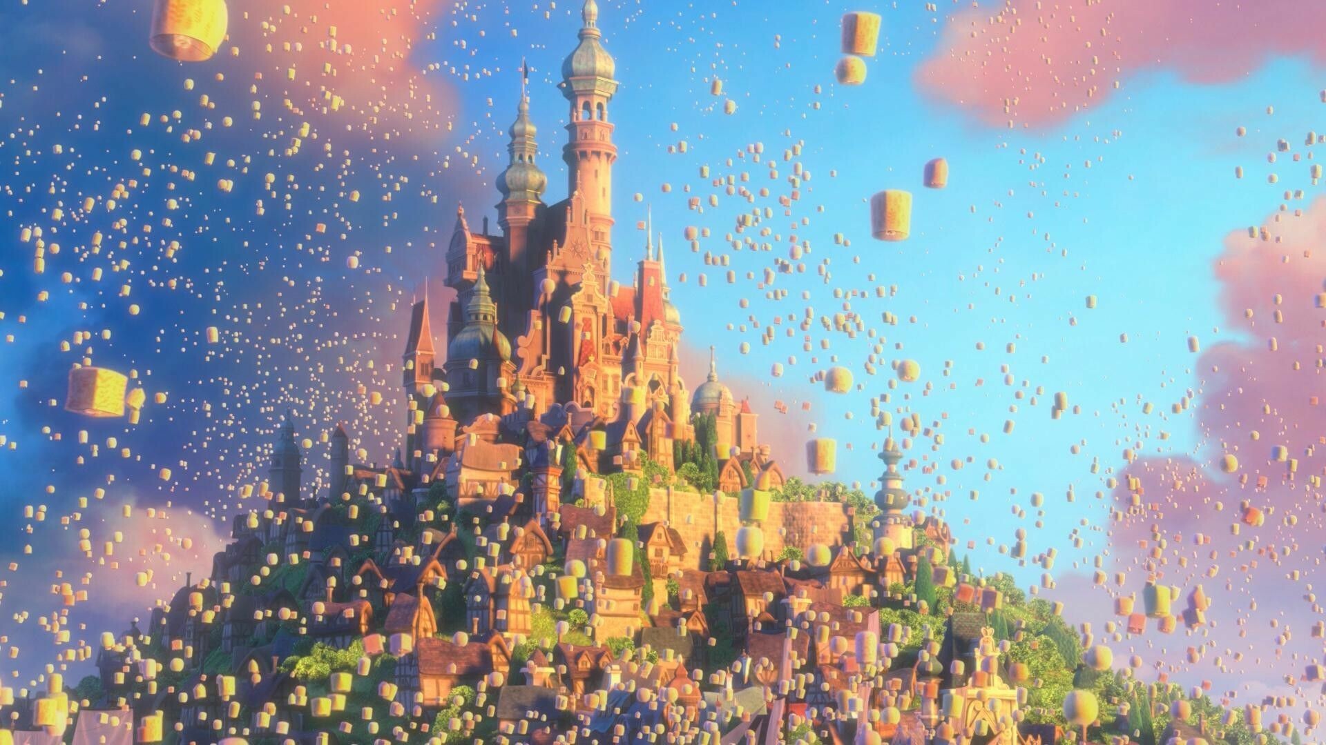 Tangled: Corona Castle, Located in the center of a city on an island and is the home of King Frederic, Queen Arianna, their daughter Rapunzel. 1920x1080 Full HD Wallpaper.