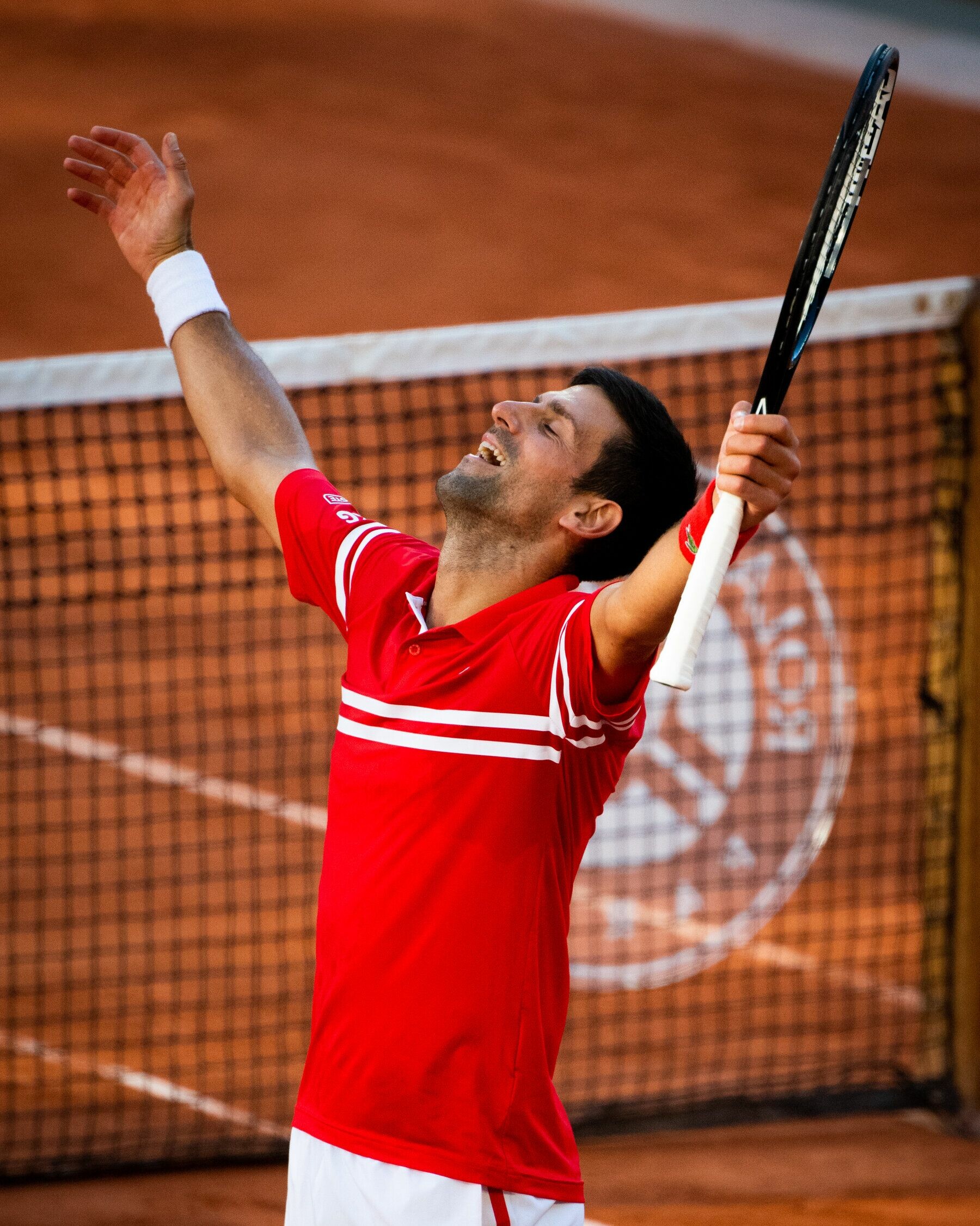 Novak Djokovic: Celebration after beating Stefanos Tsitsipas in five sets at the French Open. 1800x2260 HD Background.