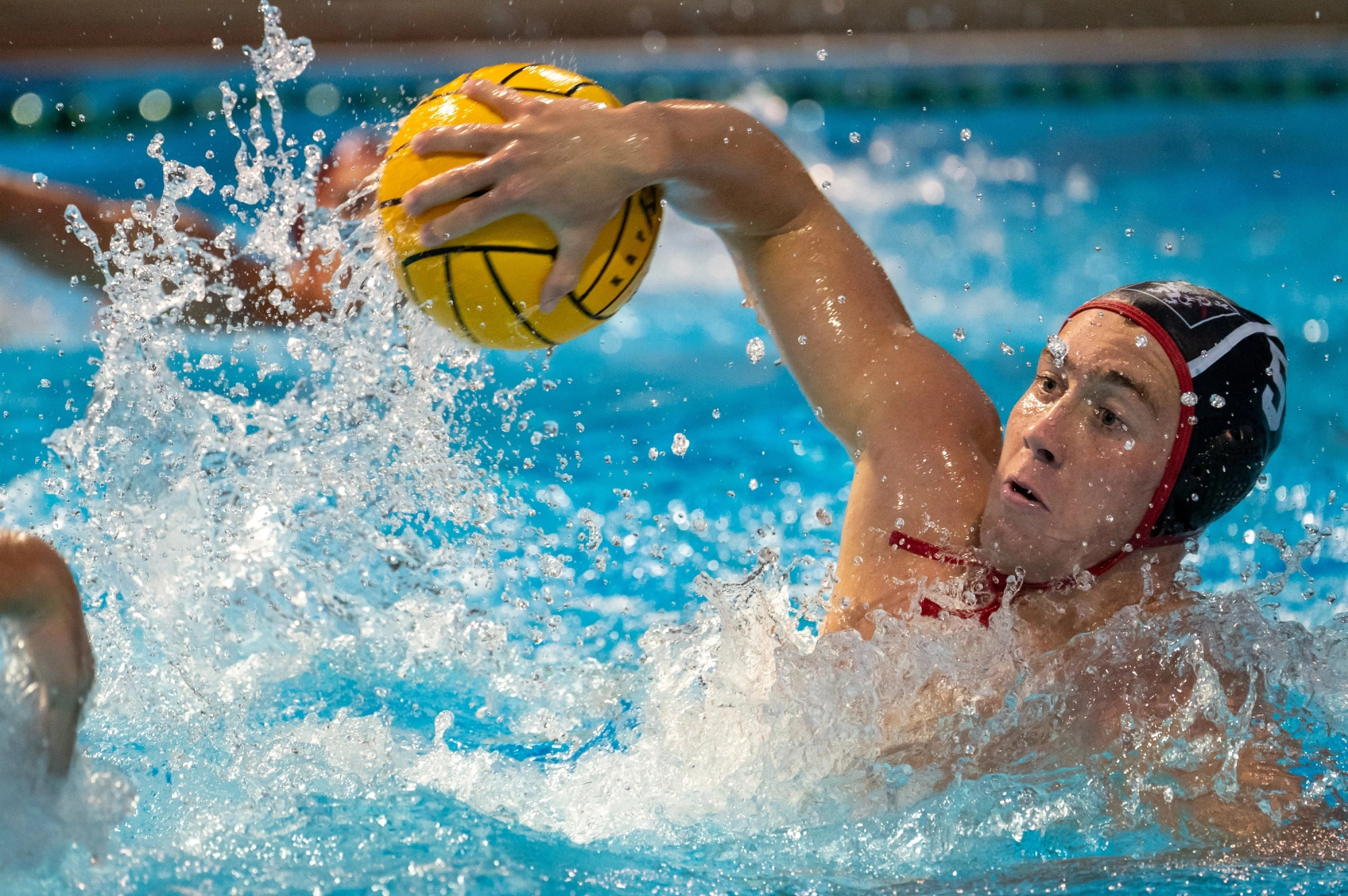Water Polo: Harvard-Westlake’s Ilias Stothart looks to shoot against Los Alamitos, Competitive swim sports. 2000x1330 HD Background.