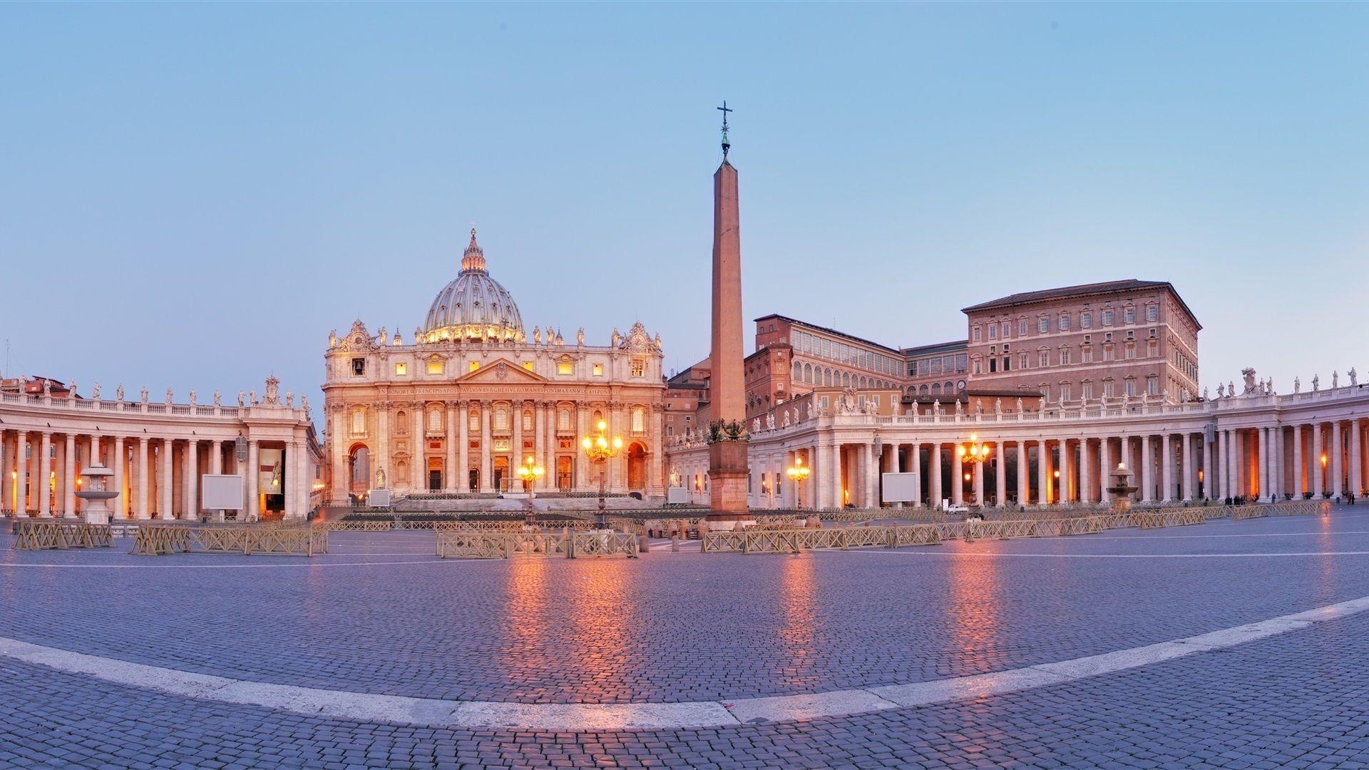 City Square: St. Peter's Plaza, Egyptian Obelisk, The Papal Basilica of Saint Peter in the Vatican, Vatican City. 1920x1080 Full HD Wallpaper.