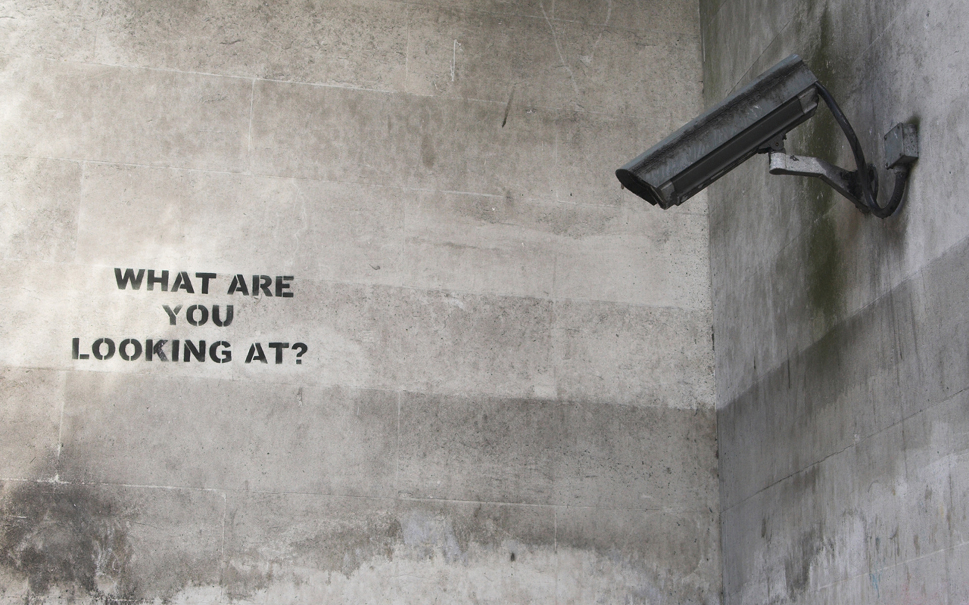 Banksy: What Are You Looking At, Marble Arch Street, London, 2004, Monochrome. 1920x1200 HD Wallpaper.