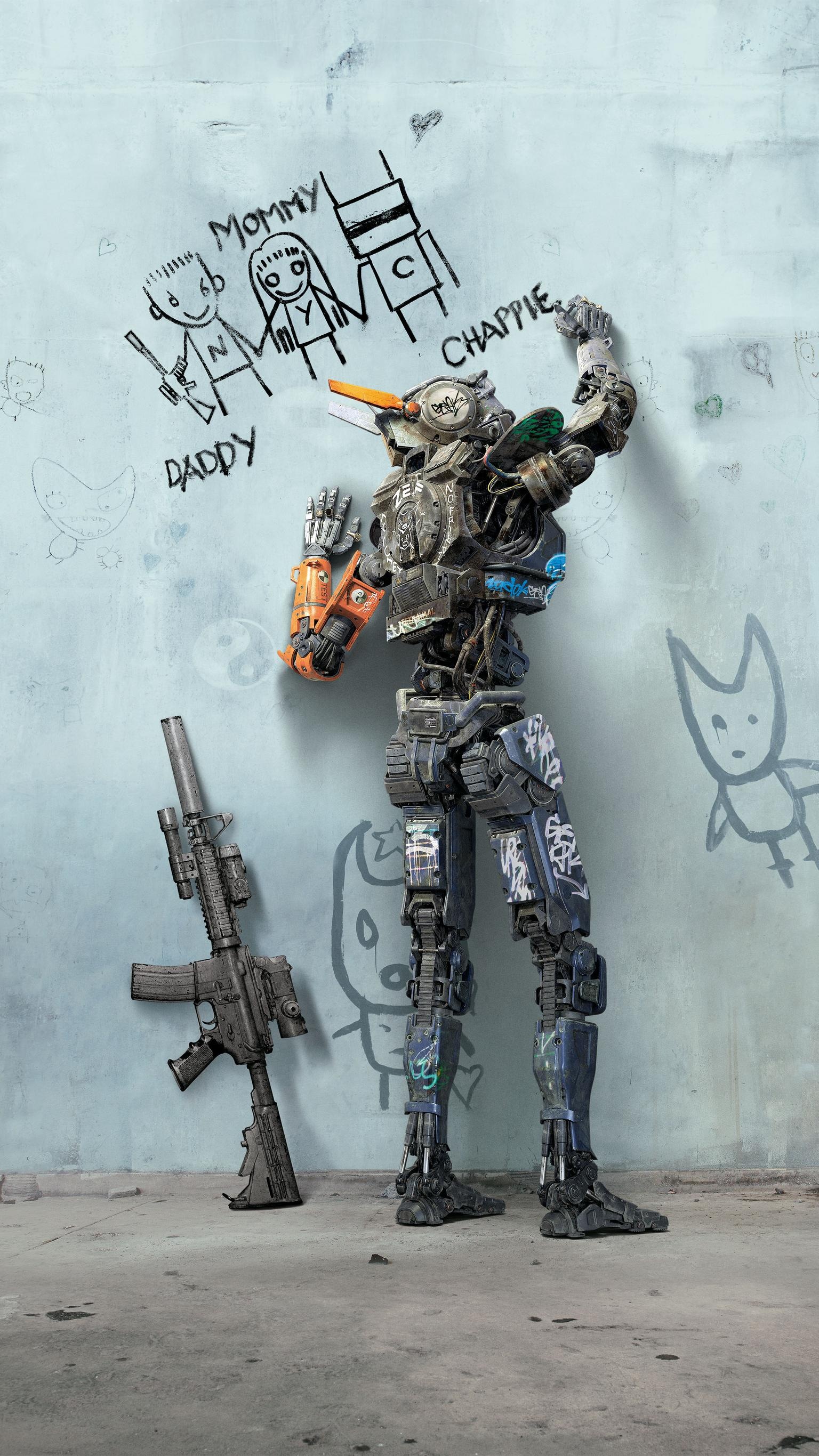 Chappie: The story of a robot imbued with artificial intelligence who is stolen by two local gangsters who want to use him for their nefarious purposes. 1540x2740 HD Background.