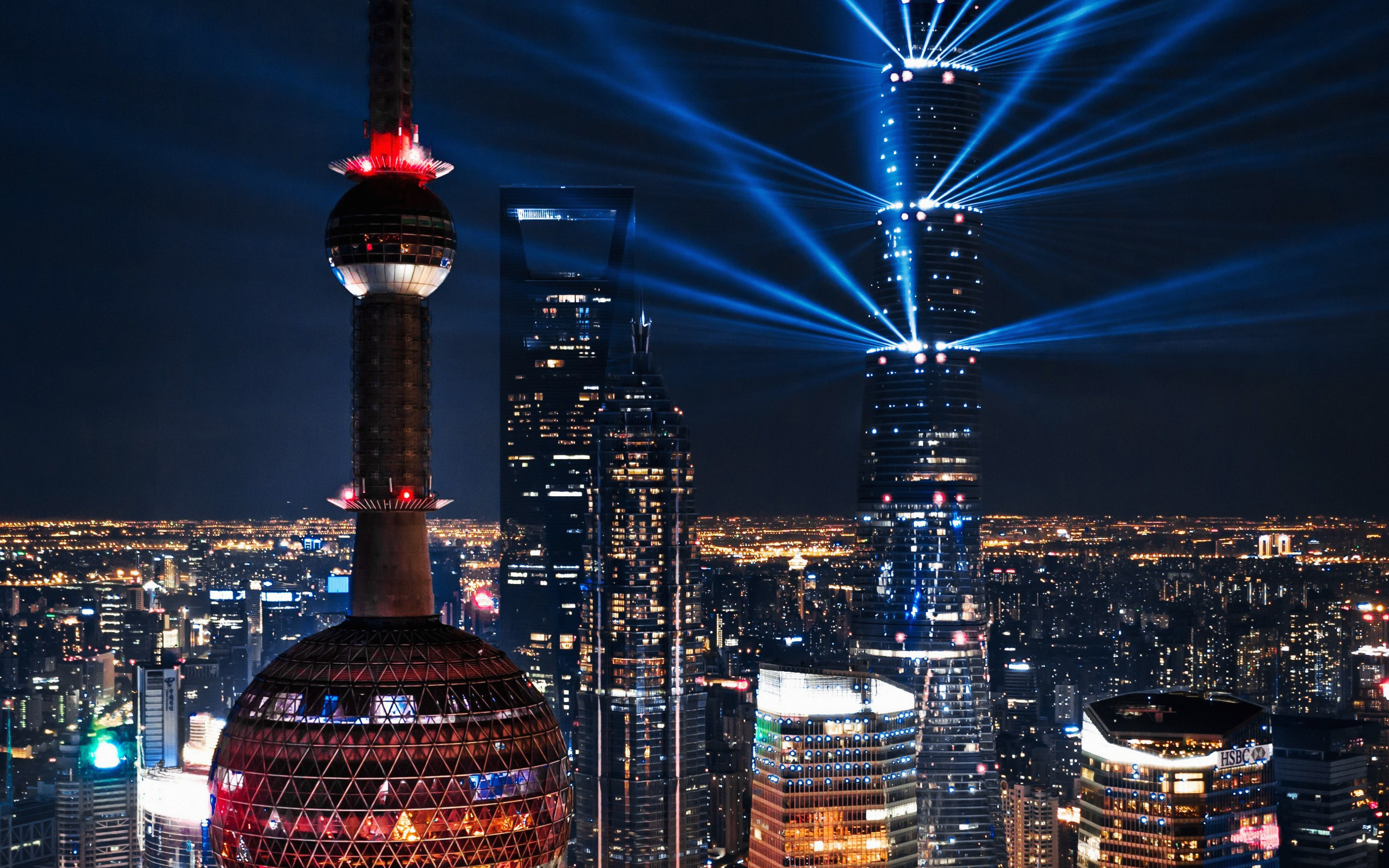Shanghai World Financial Center, Oriental Pearl Tower, Night skyline, Metropolis lights, 2880x1800 HD Desktop