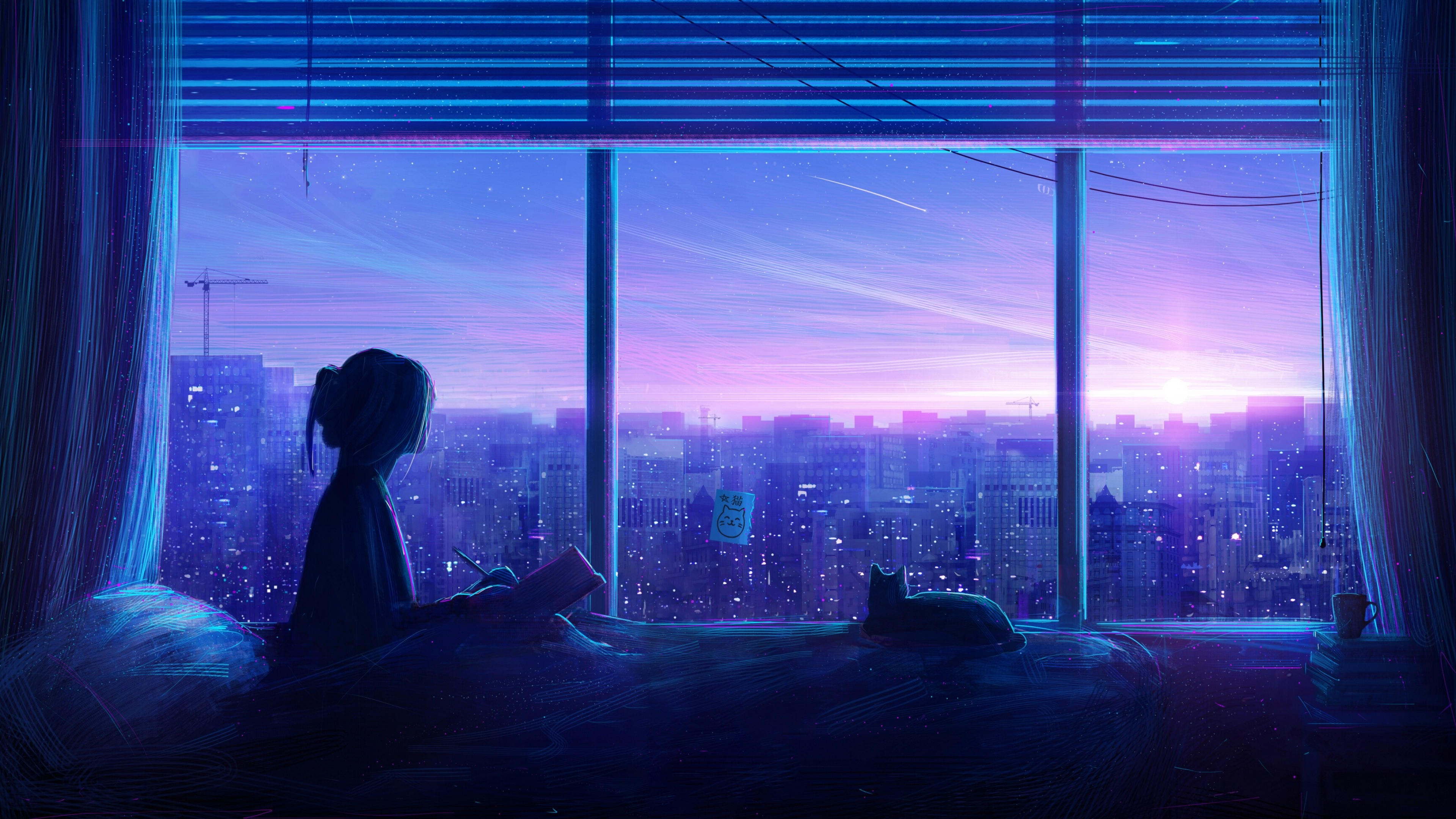 Girly: Atmospheric, The girl reading the book, The cat, Panoramic windows, Rising sun. 3840x2160 4K Background.