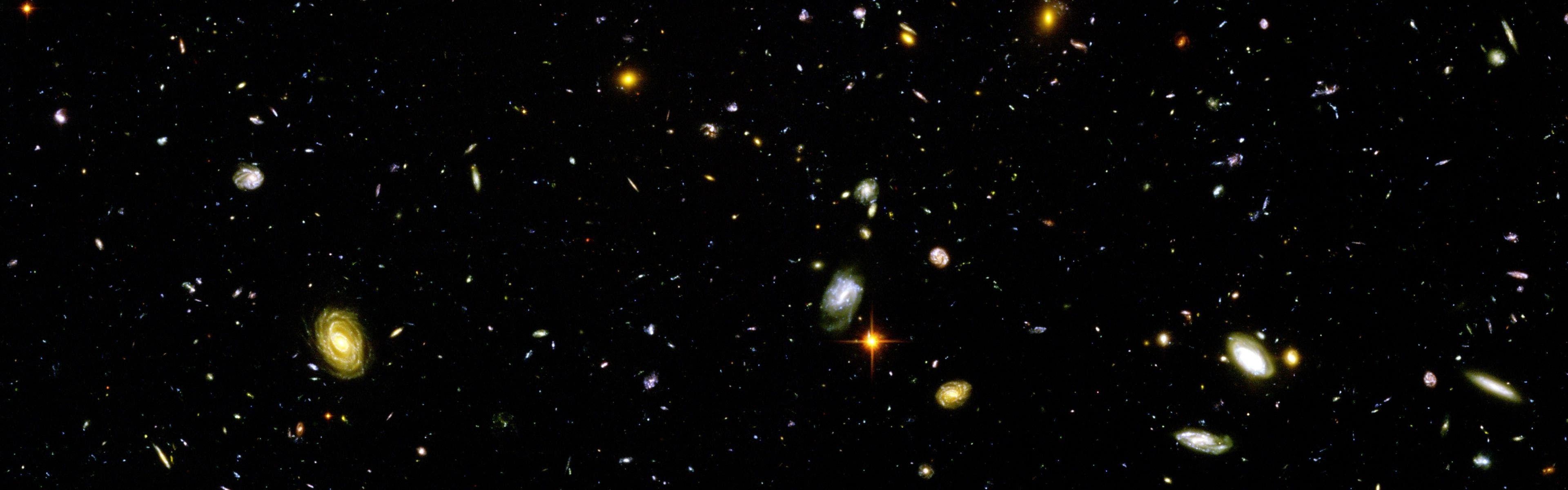 Hubble Deep Field, Enigmatic cosmic depths, Astronomical revelations, Stellar marvels, 3840x1200 Dual Screen Desktop
