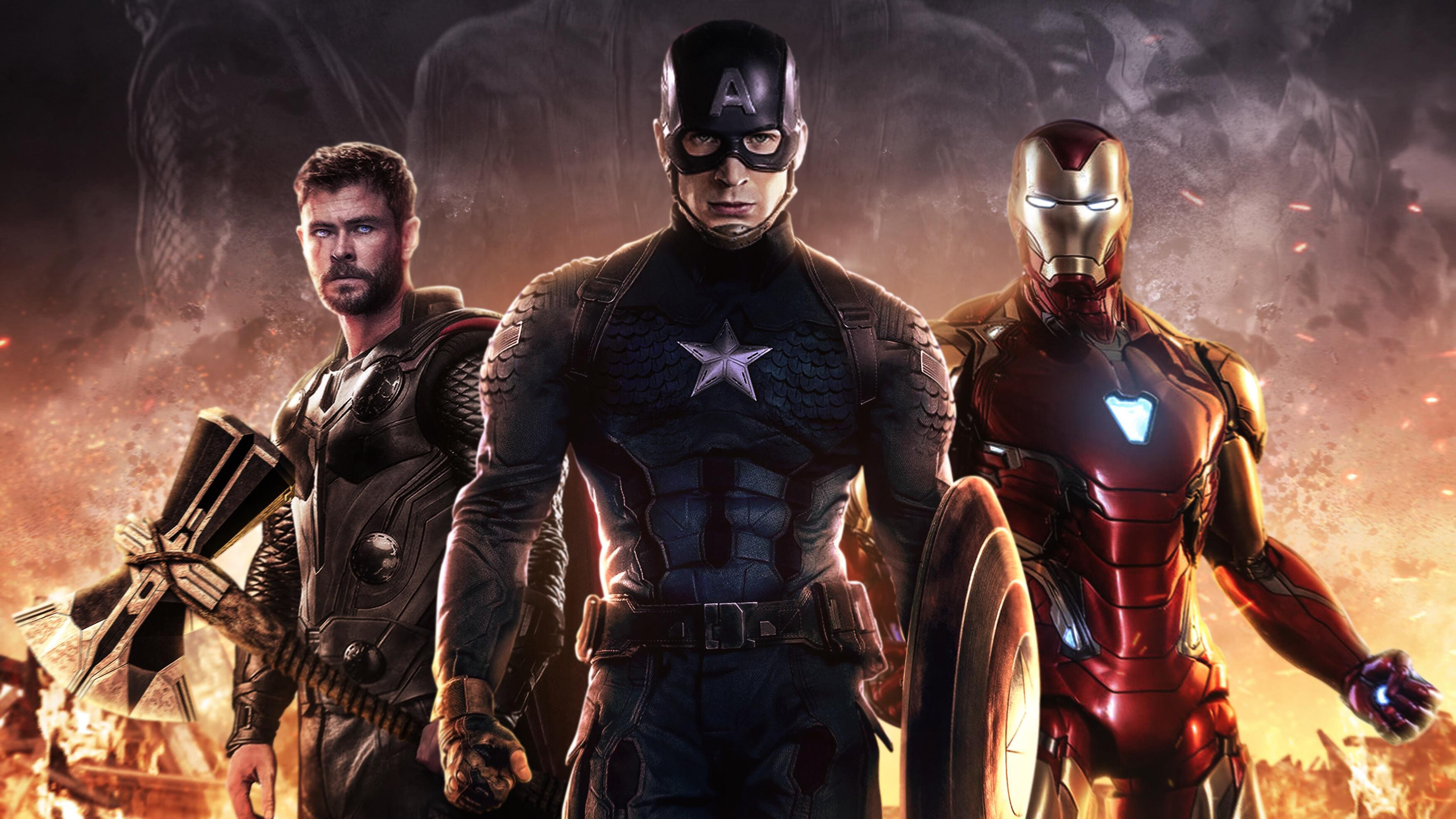 Avengers: Captain America, Iron Man, Thor. 3500x1970 HD Background.