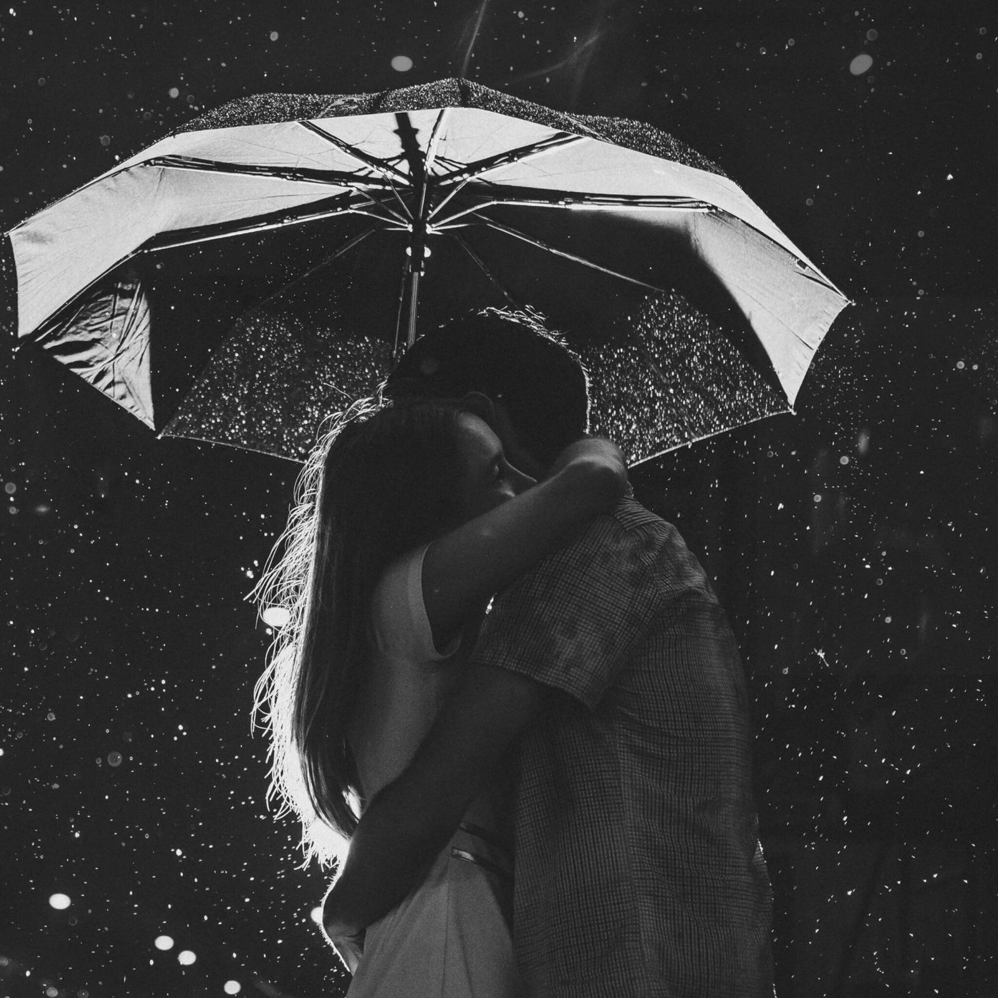 Black and white rain hug, Emotional connection, Intimate atmosphere, Rainy day, 2050x2050 HD Phone