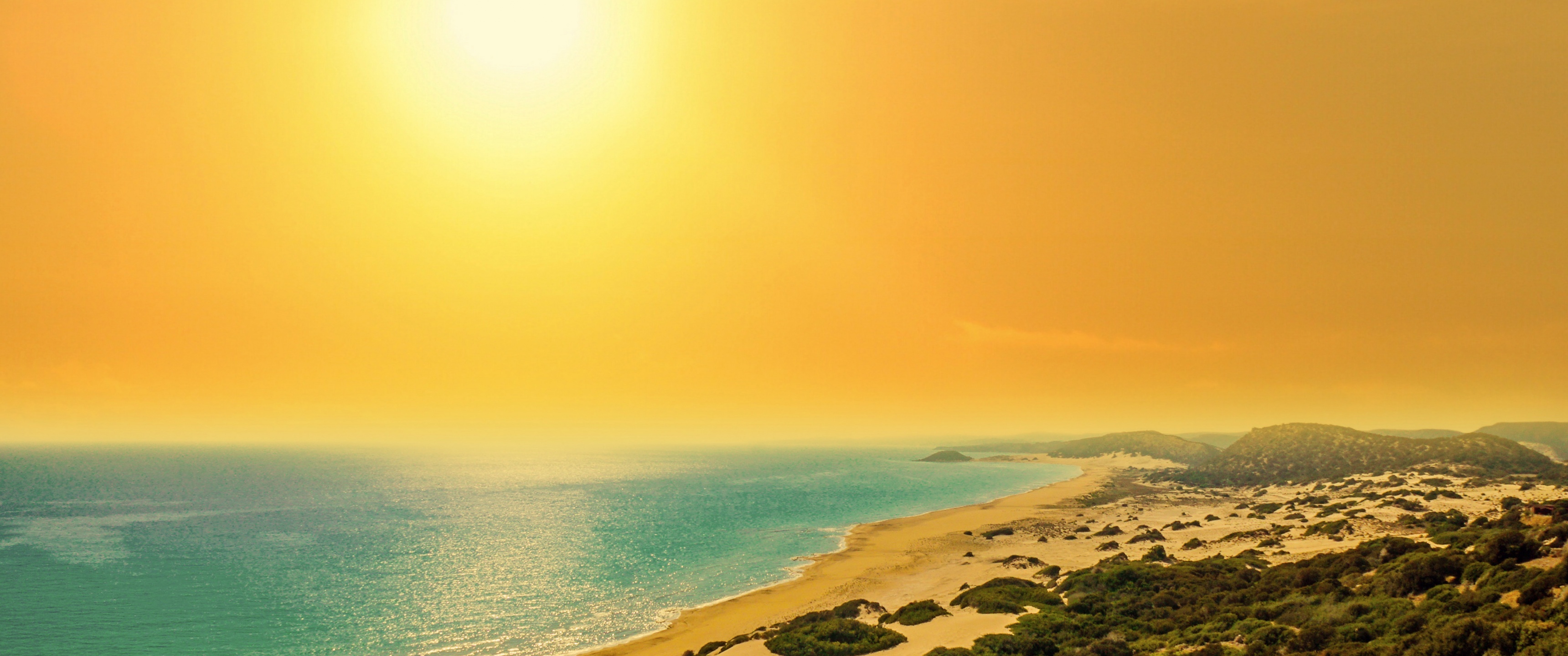 Golden sand beach wallpaper, Coastal sunset, North Cyprus, Nature's beauty, 3440x1440 Dual Screen Desktop