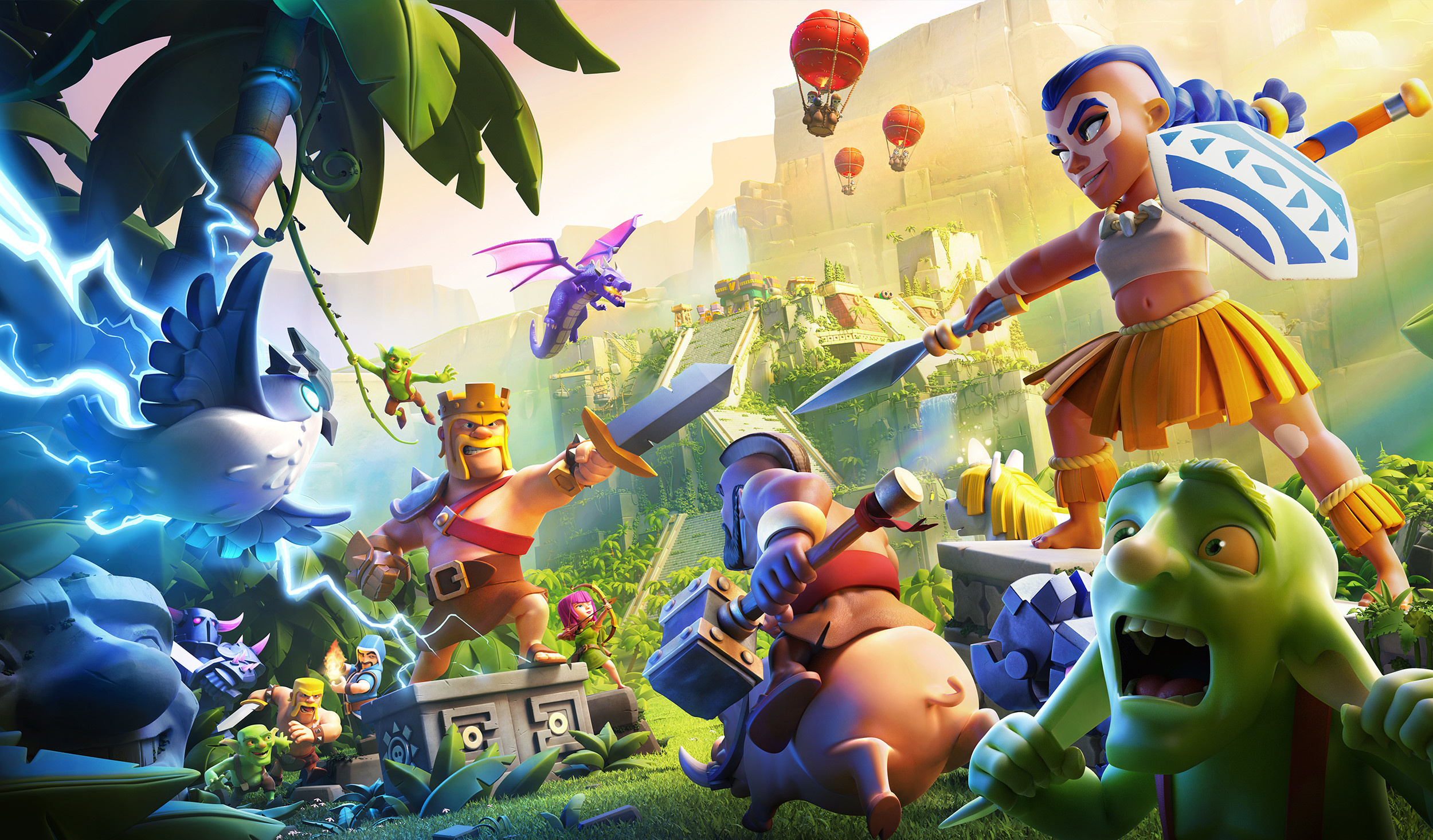 Clash of Clans: Building a community, training troops and attacking other players to attain gold, elixir. 2500x1470 HD Background.