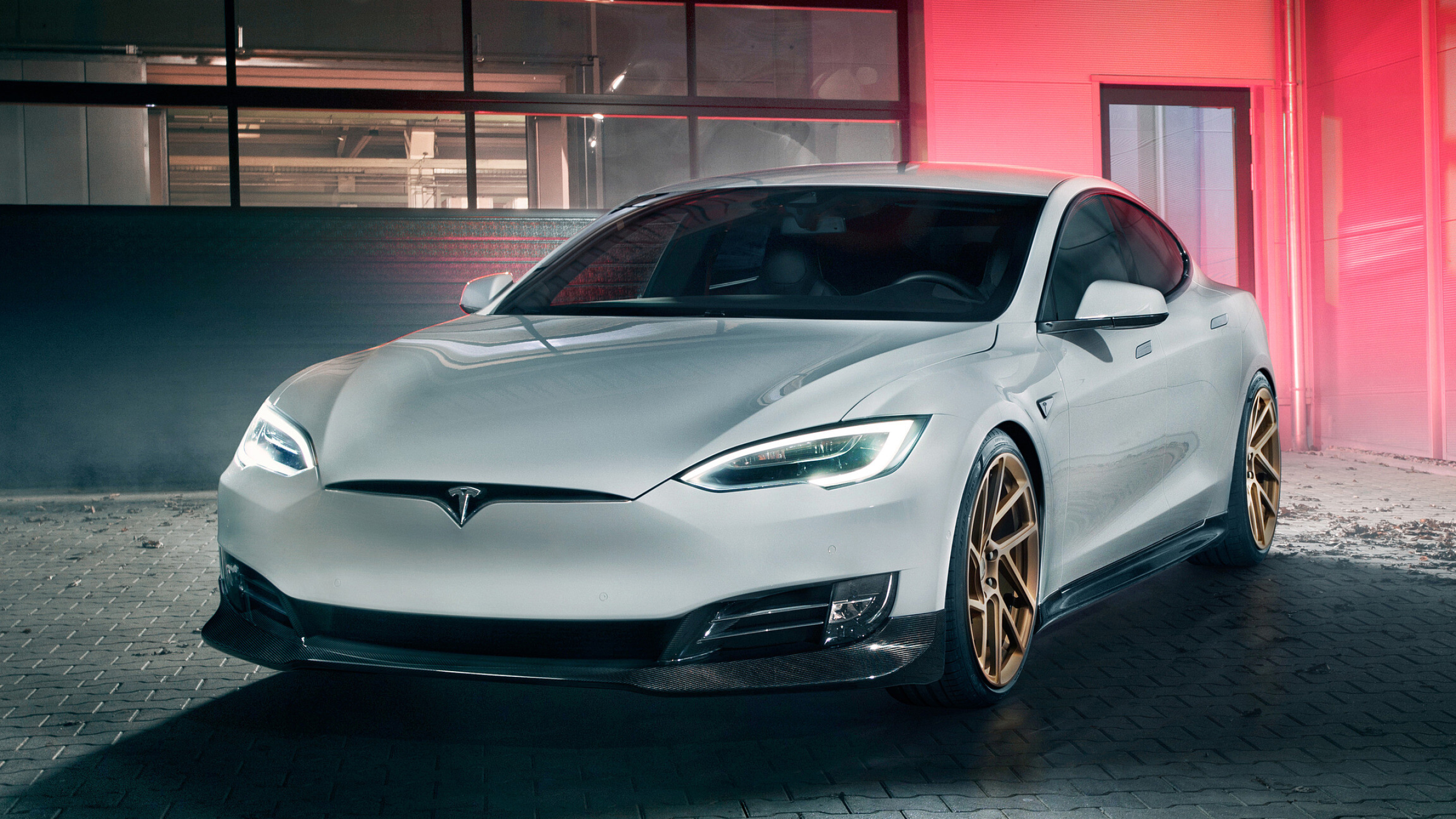 Tesla Model S: The fully-electric car, Has an estimated driving range of more than 400 miles. 2560x1440 HD Background.