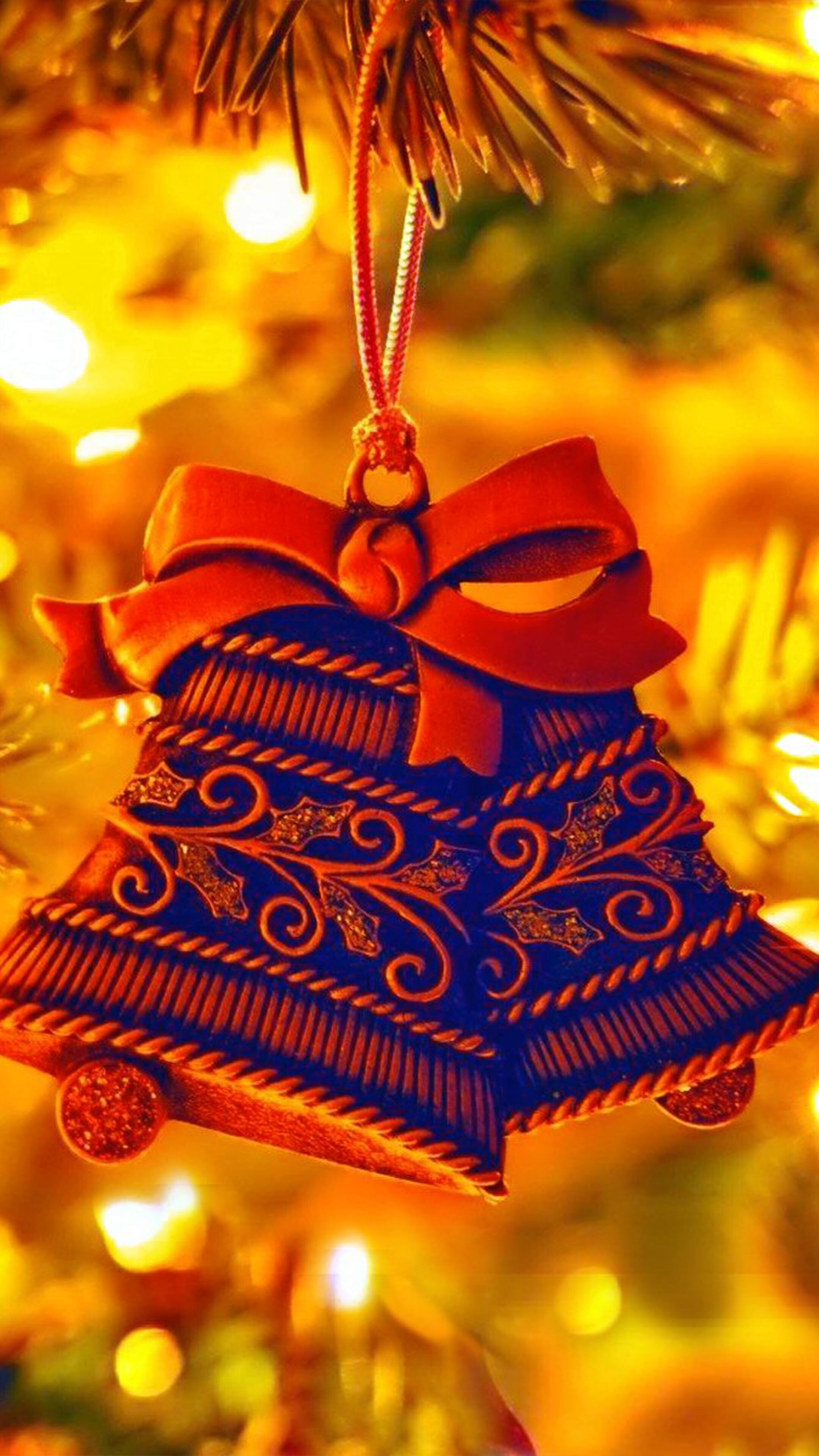 Decorations: Christmas Eve Bell, Fairy Lights, Ornament. 2160x3840 4K Wallpaper.