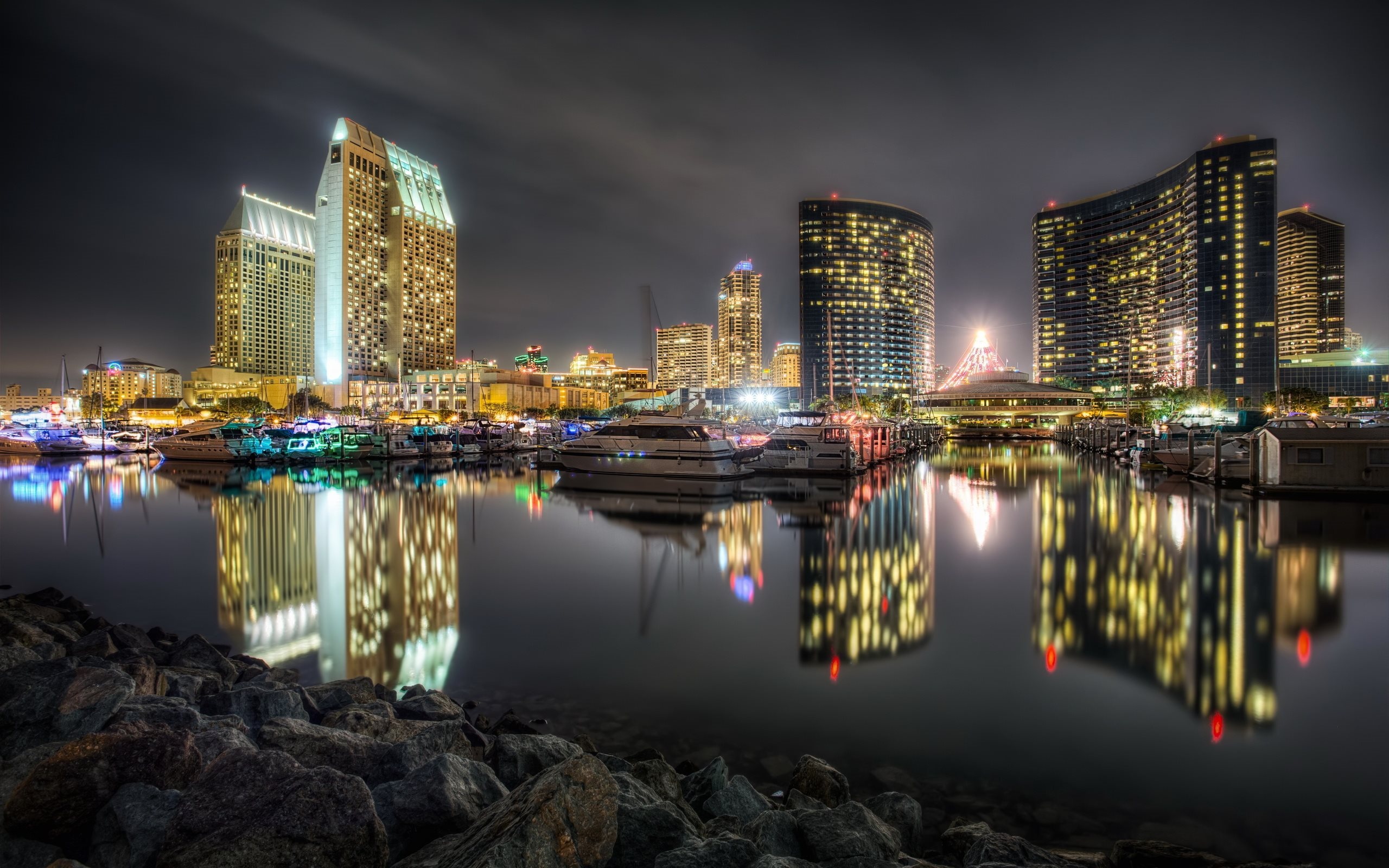 San Diego boats bay night, California USA, City lights, Peaceful ambiance, 2560x1600 HD Desktop