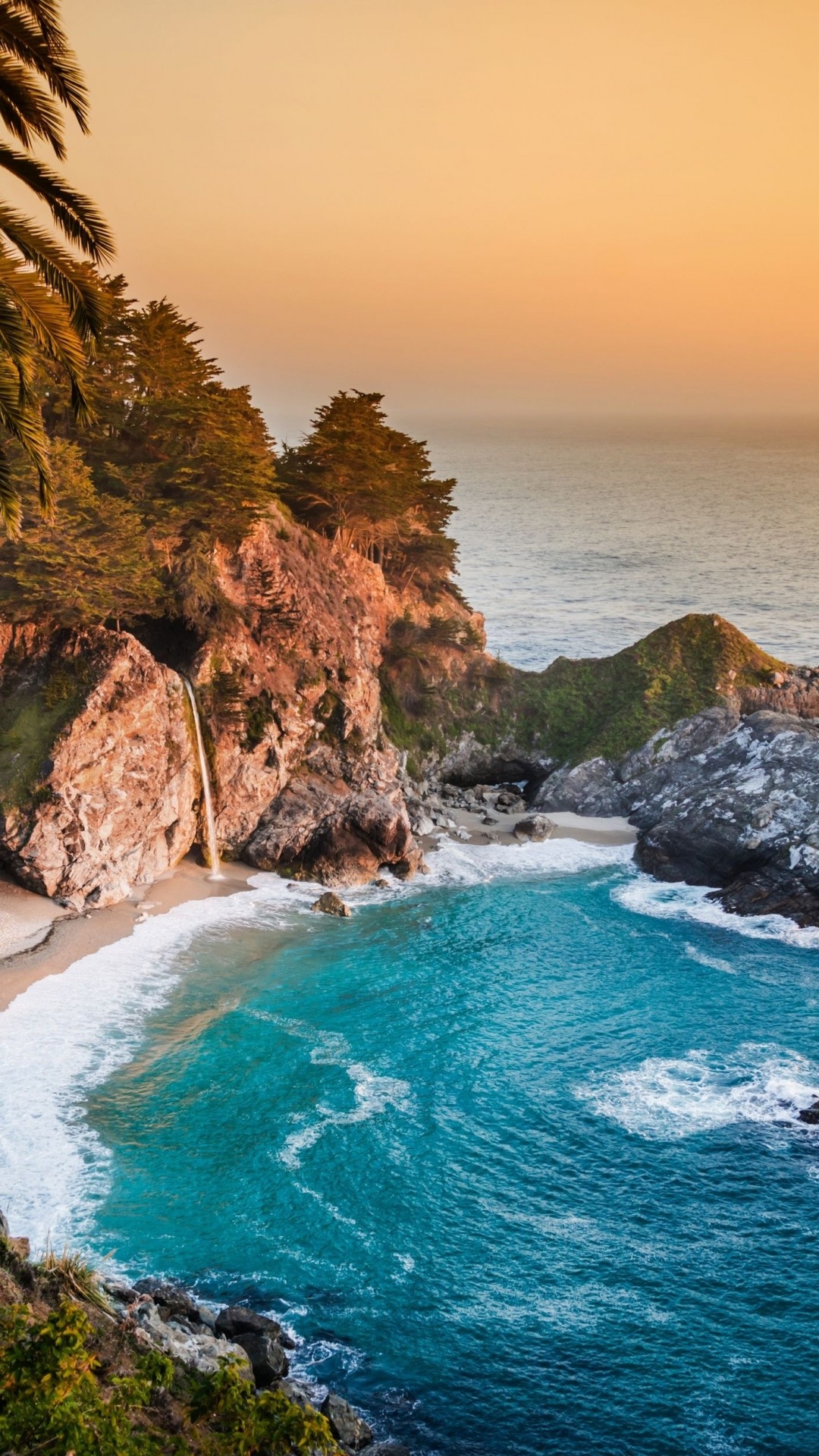 Pacific Ocean wallpaper, Big Sur's 5k charm, McWay Falls sunset, Nature's breathtaking spectacle, 1080x1920 Full HD Phone