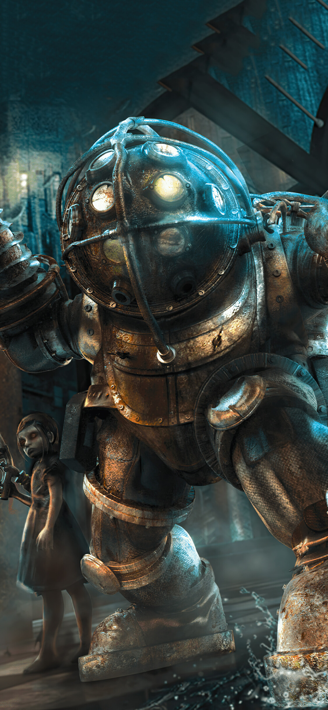 BioShock: Big Daddy, The body directly grafted into heavily armored, steampunk-inspired atmospheric diving suit. 1130x2440 HD Background.