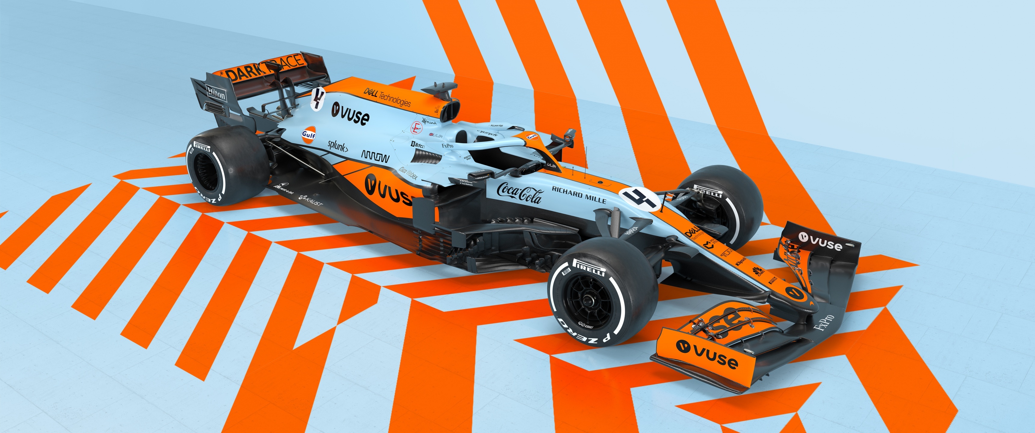 Formula 1: McLaren MCL35M, Designed under the direction of James Key. 3440x1440 Dual Screen Wallpaper.