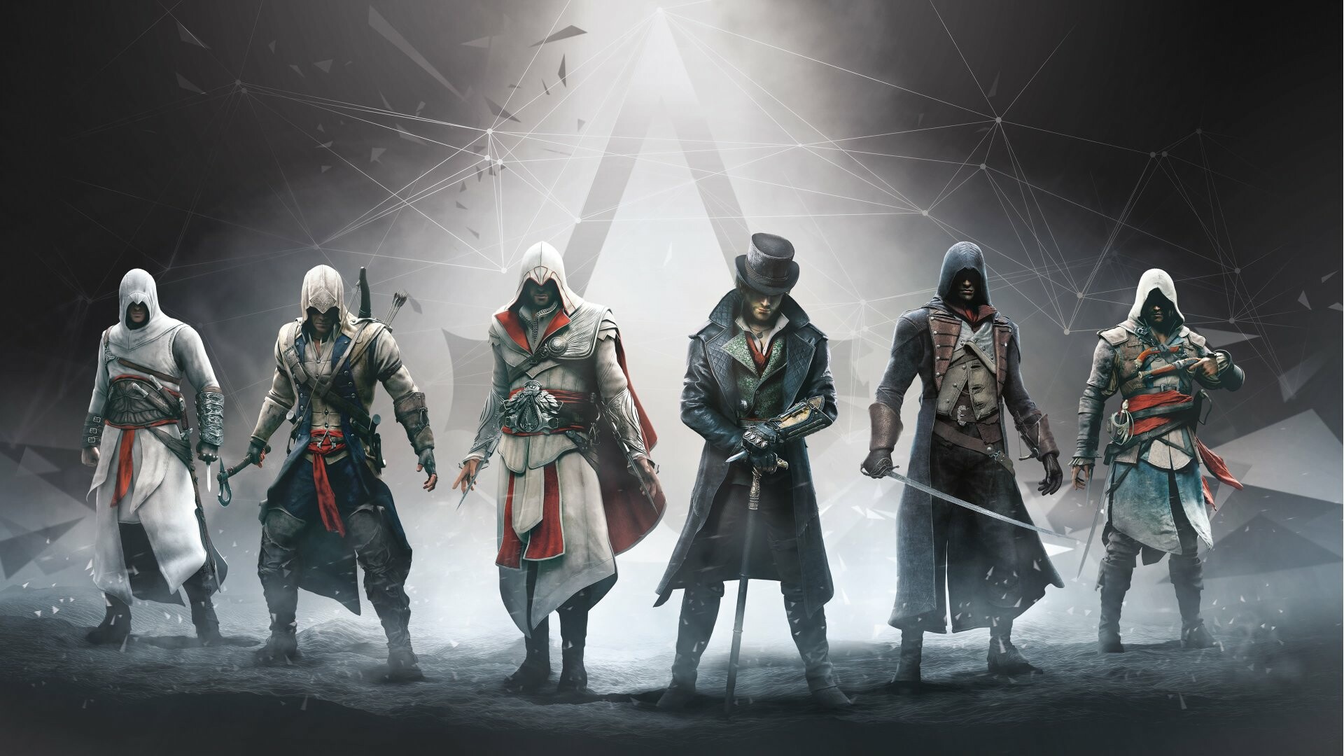 Assassin's Creed: Ratonhnhake:ton, Arno Dorian, Altair Ibn-LaʼAhad, Ezio Auditore. 1920x1080 Full HD Wallpaper.