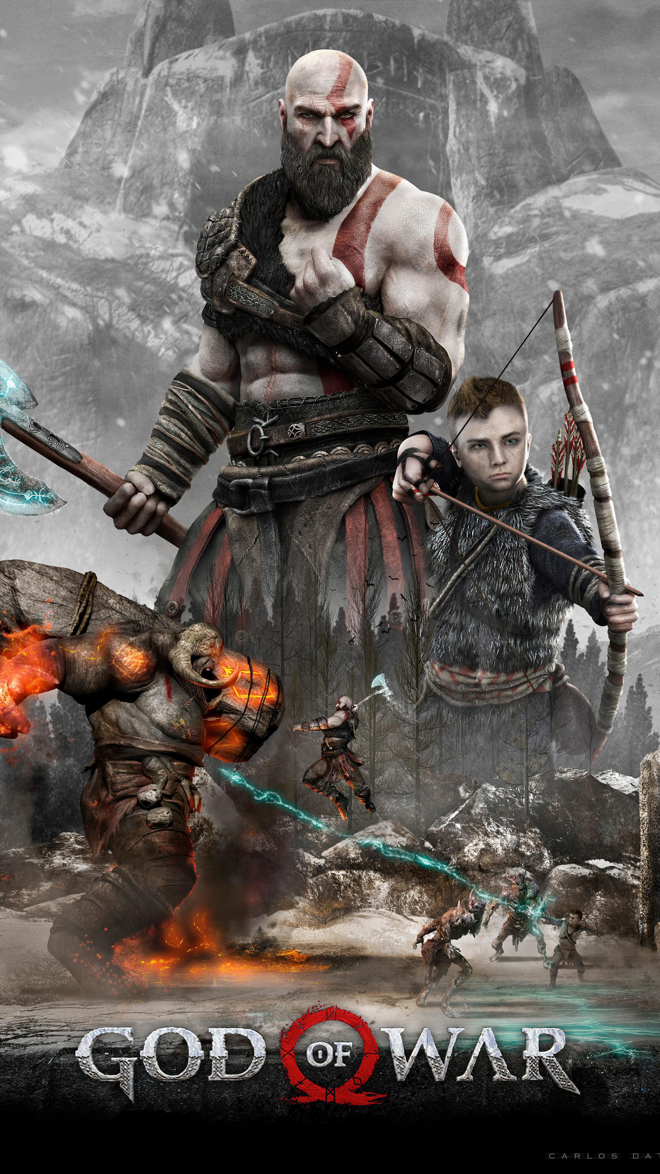 Kratos and Atreus, God of War 4 4K, Father-son duo, Epic adventure, 2160x3840 4K Phone
