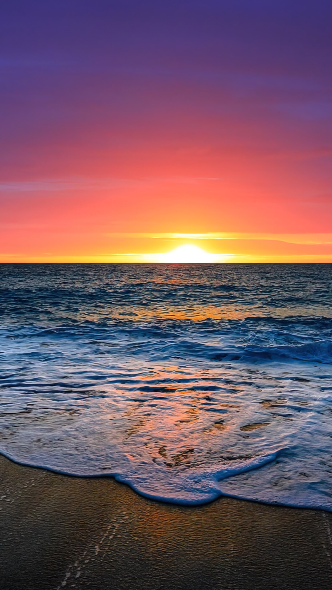 Sunset: Solar disk crossing the horizon, Sea, Evening. 1080x1920 Full HD Wallpaper.