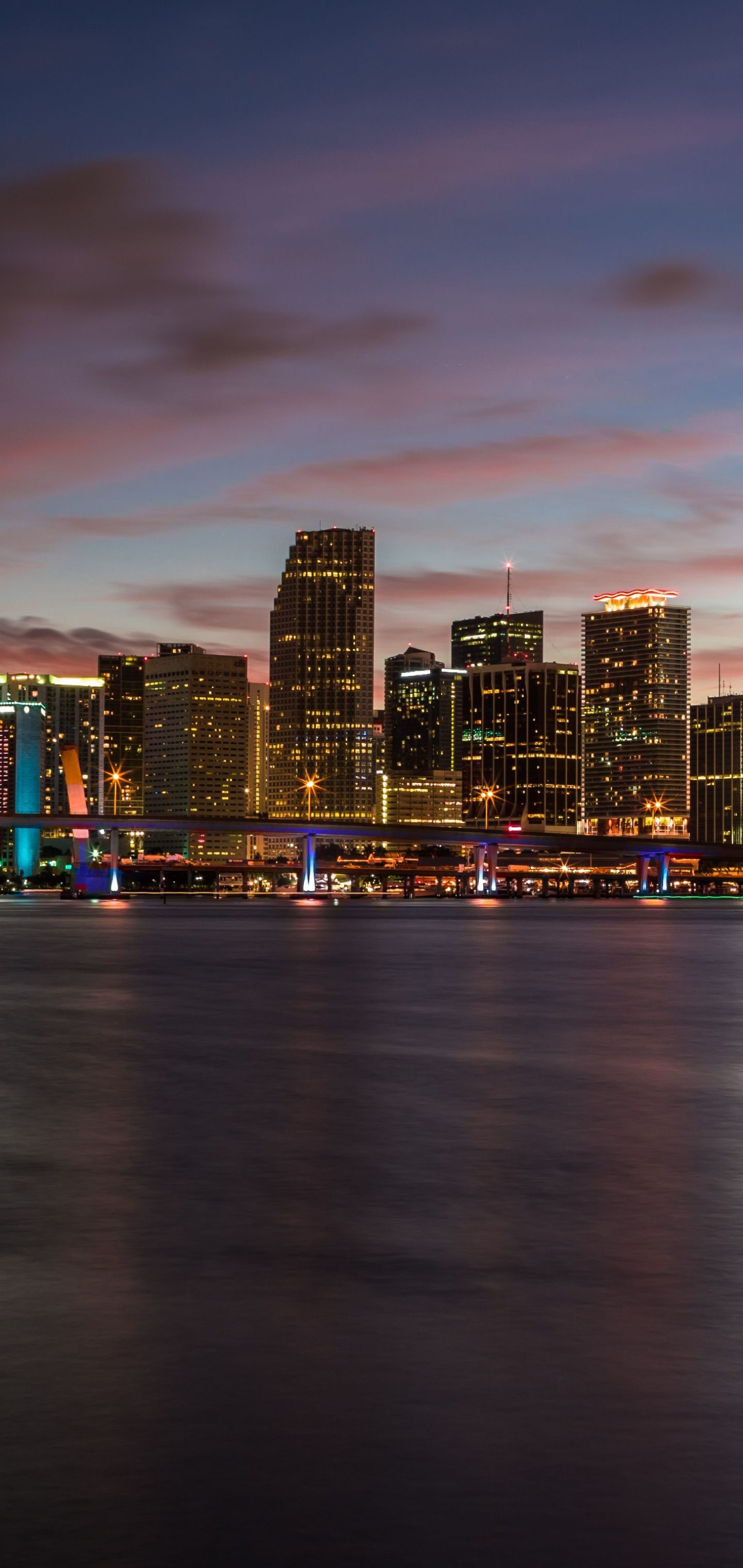 Miami Beach Skyline, Nighttime cityscape, Stunning wallpapers, Tropical paradise, 1440x3040 HD Phone